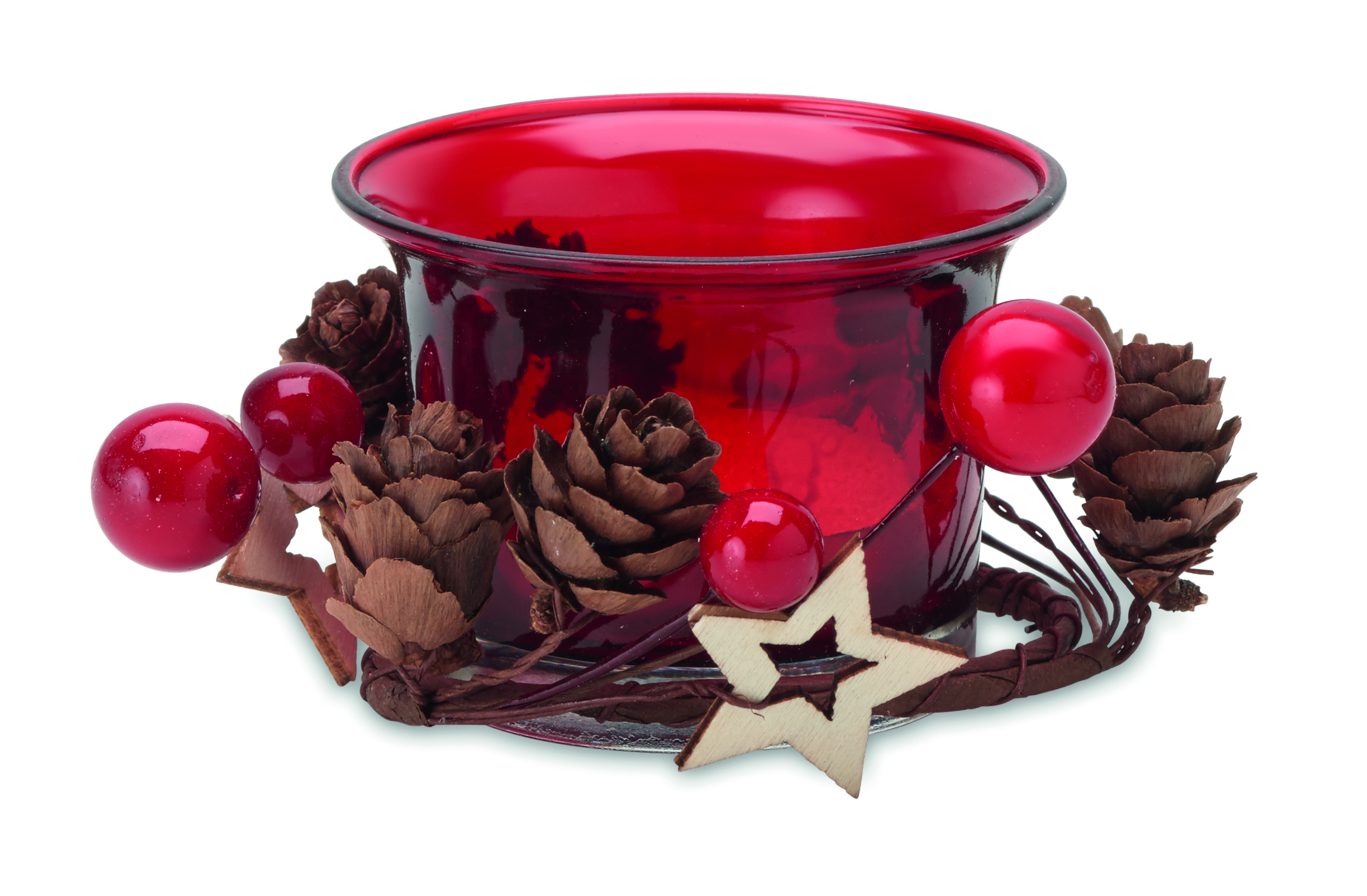 rote glasvase, weihnachtsdeko, kegelzweige, holzstern, beeren akzente, gläserner Kerzenhalter, roter Kerzenhalter, Tannenzapfen, Holzstern, Zweige, Glas, Rot, Dekorglas, Kiefer, Holzstern, rot, glas, kerze, Kieferzapfen, dekorativ