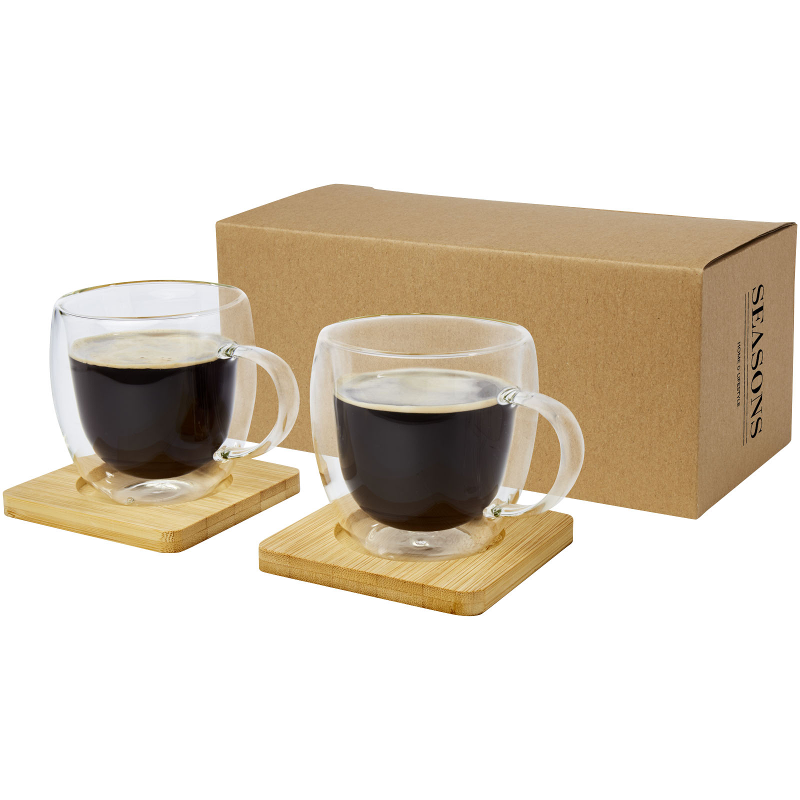 Glasbecher, Kaffeebecher, Doppelglas, Holzunterlage, Kaffee-Set
