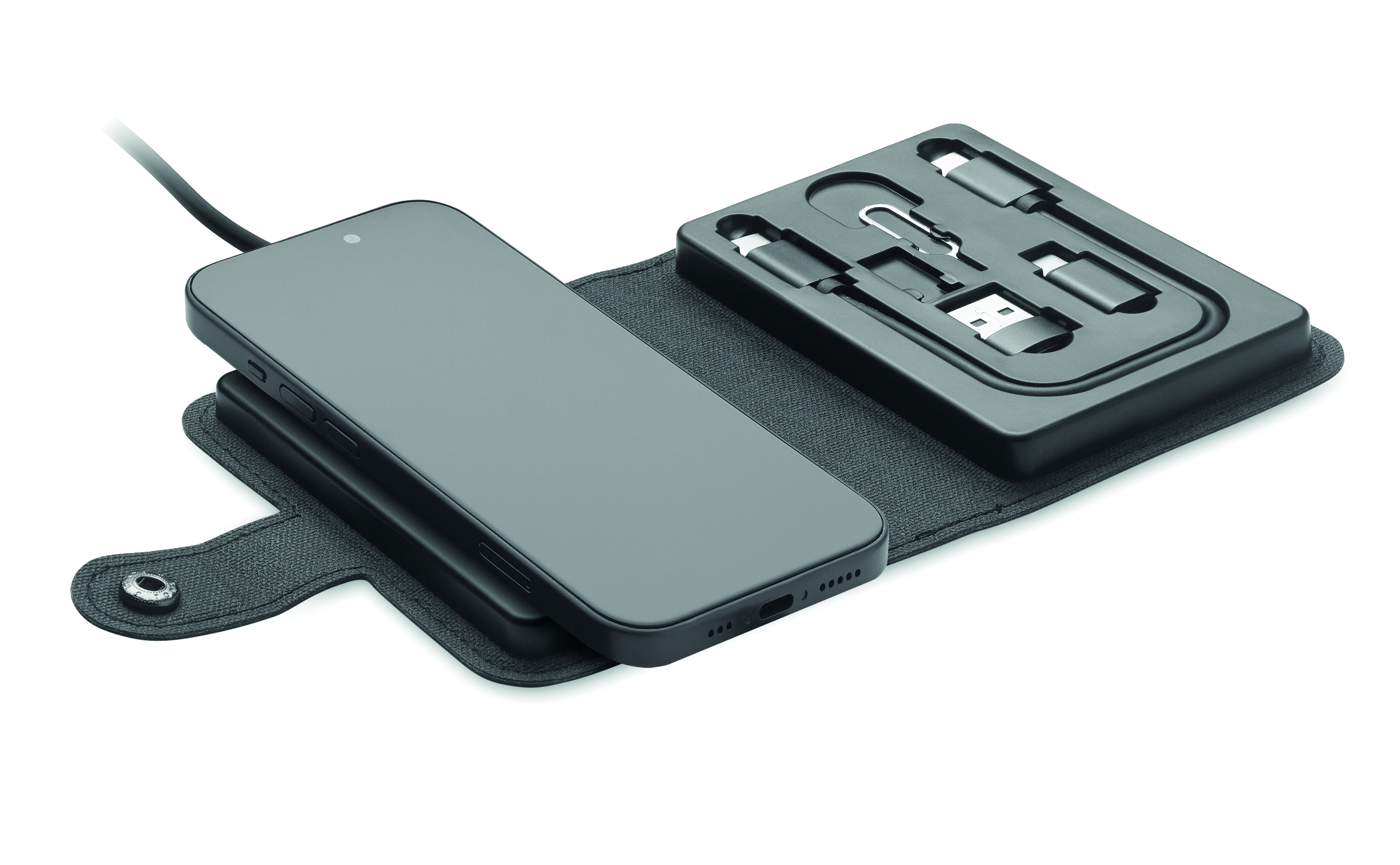 smartphone, kabellose ladestation, flip-hülle, grau, ladekit, e-mobile, phone, charger, case, accessory, Powerbank, Kabelloses Ladegehäuse, Handyladegerät, USB-C Anschluss, Tragetasche