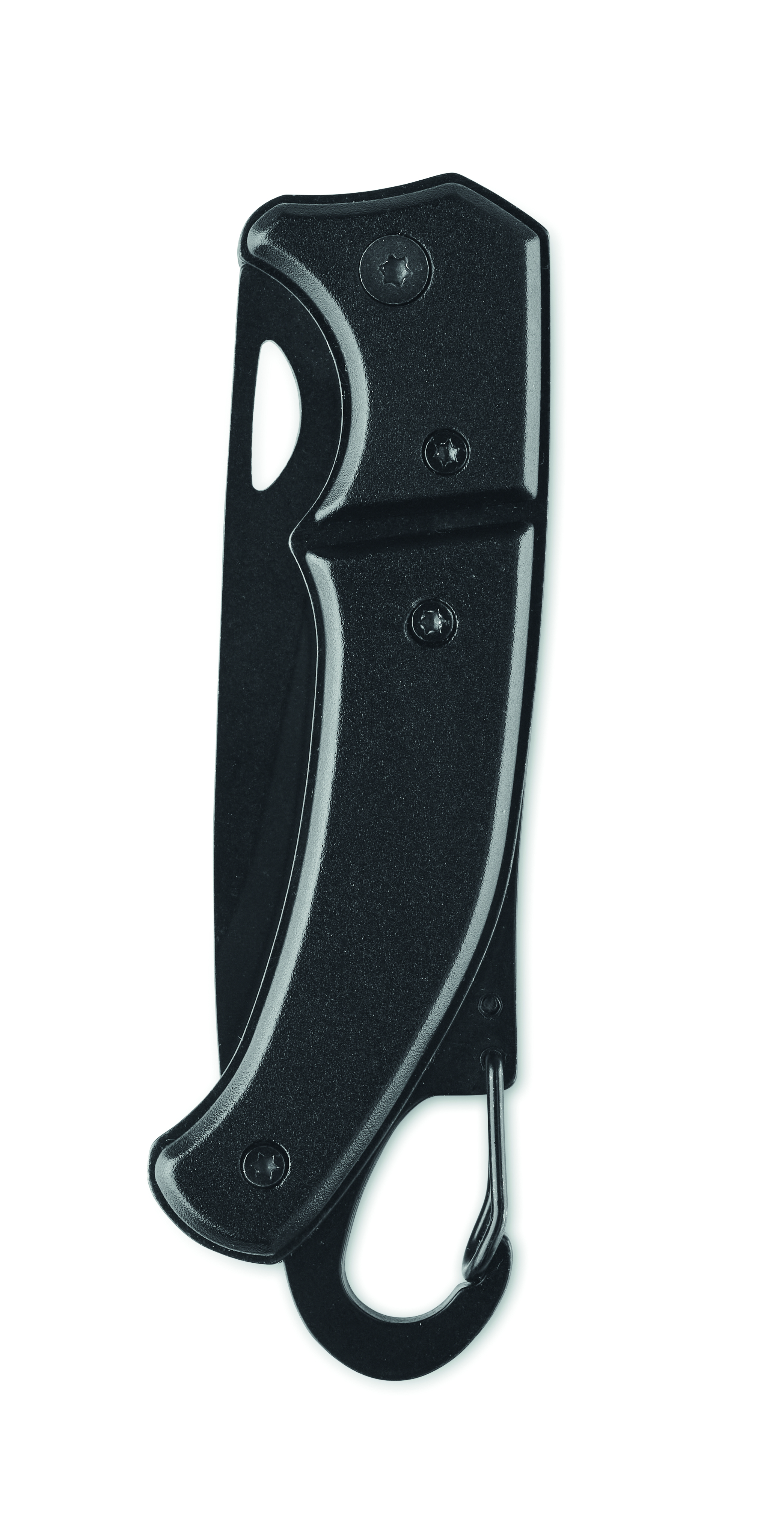 Öffnungsmesser, Karabinerhaken, schwarzes Plastik, Faltmesser, Lanyard-Karabiner, Flaschenöffner, Kapselheber, Schwarz, Metall, Knickdesign, knife sheath, black sheath, belt clip, hook, folding knife holster