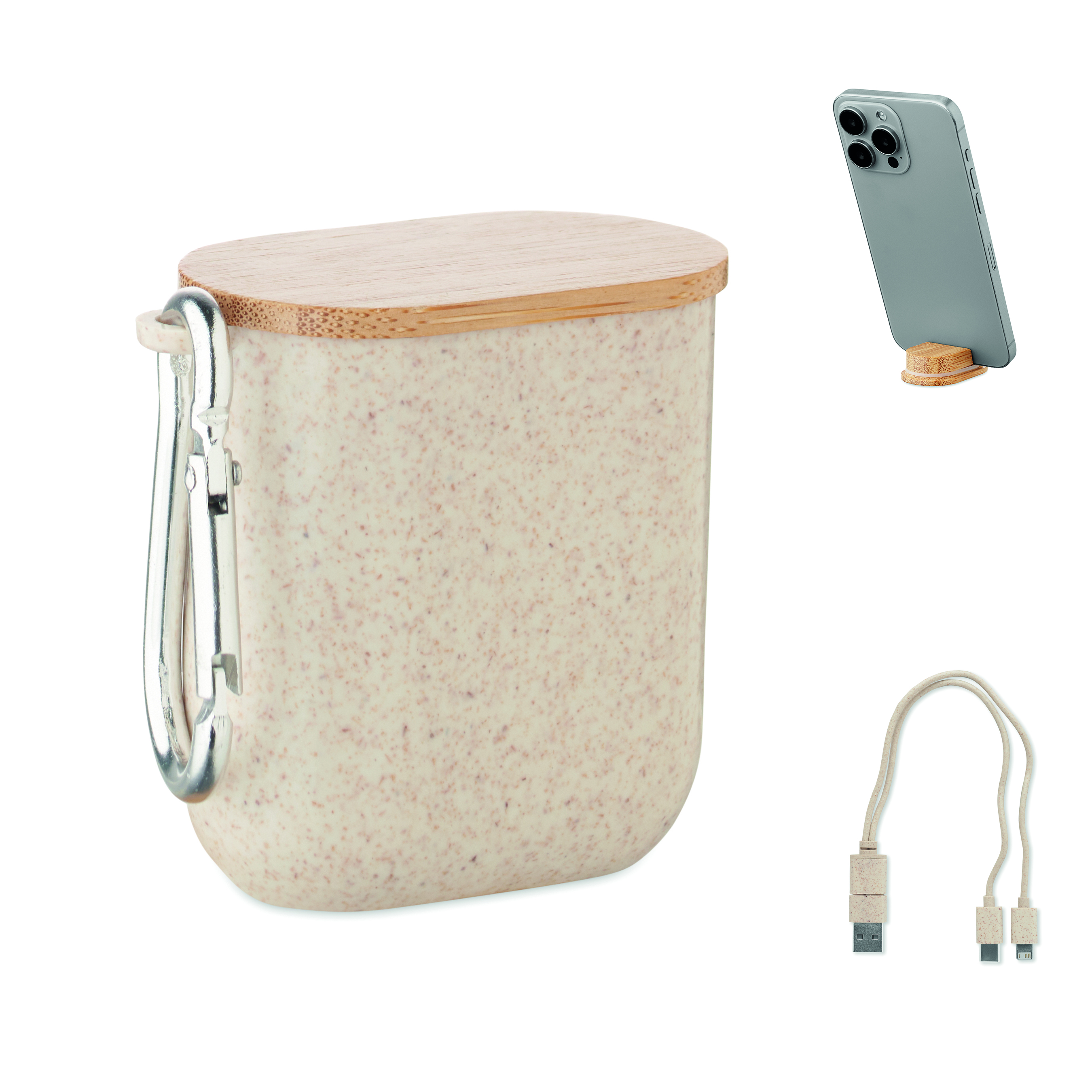 Kaffeetasse, Becher, Becher mit Holzdeckel, USB-Ladekabel, Speckled beige