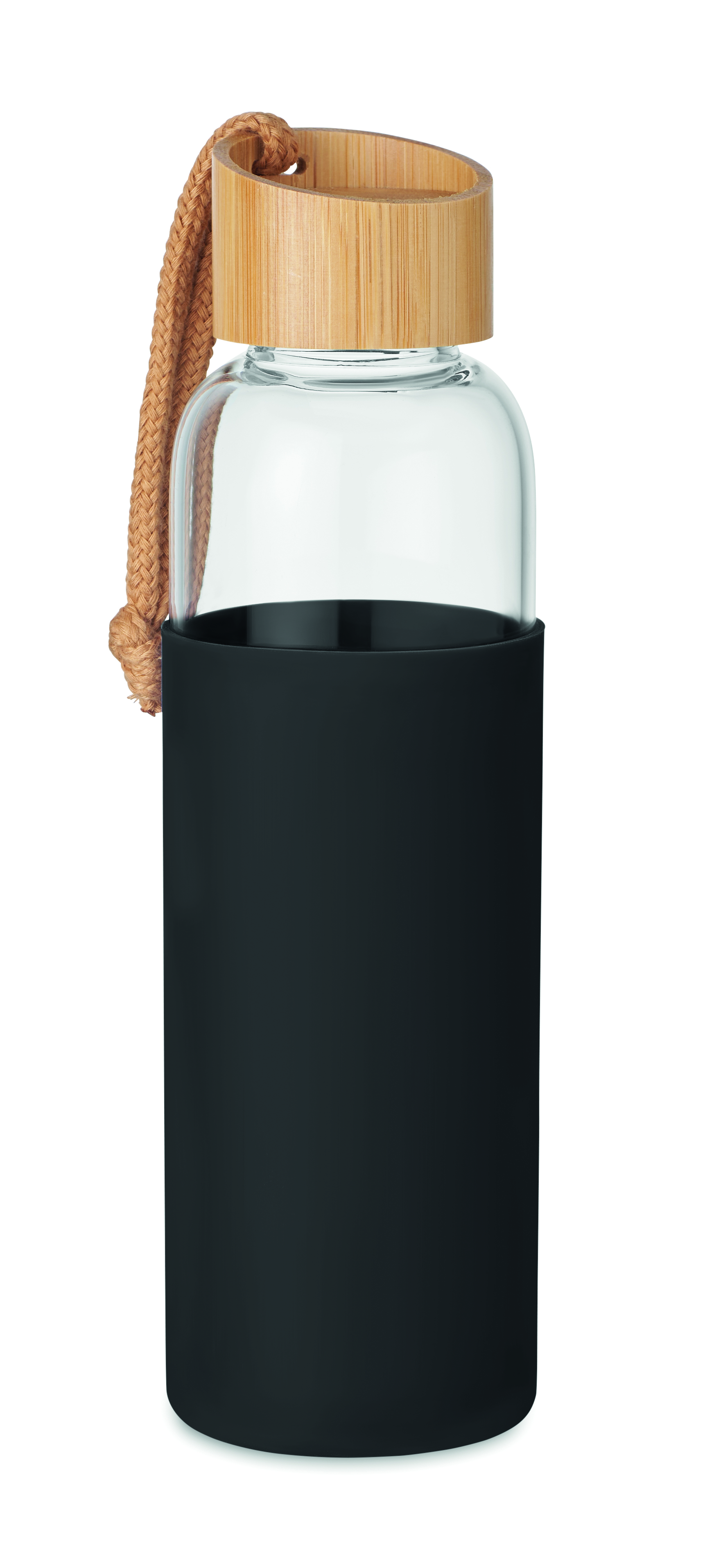 Flasche, Glas, Holzdeckel, Trinkflasche, Schwarz, Wasserflasche, Glasflasche, Holzdeckel, Kordel, Schwarzer Sleeve