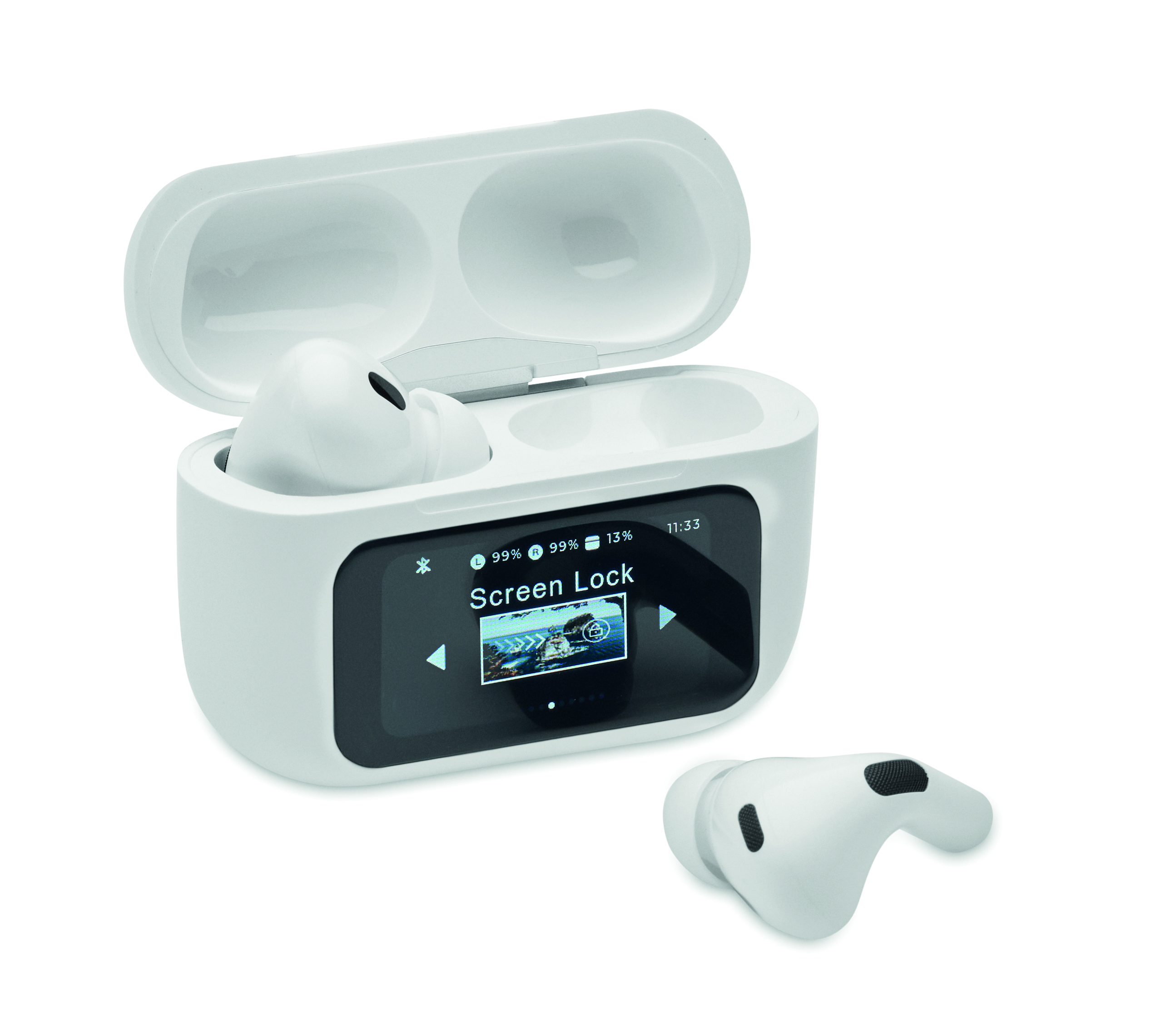 Drahtlose Ohrstöpsel, Ladehülle, Bluetooth, Touchscreen-Display, Weiß, Kopfhörer, In-Ear, Bluetooth, Ladecase, Display, Bluetooth, In-ear, Hülle, Drahtlos, Laden, drahtlose kopfhörer, kopfgehäuse, ladehülle, touchscreen display, bluetooth