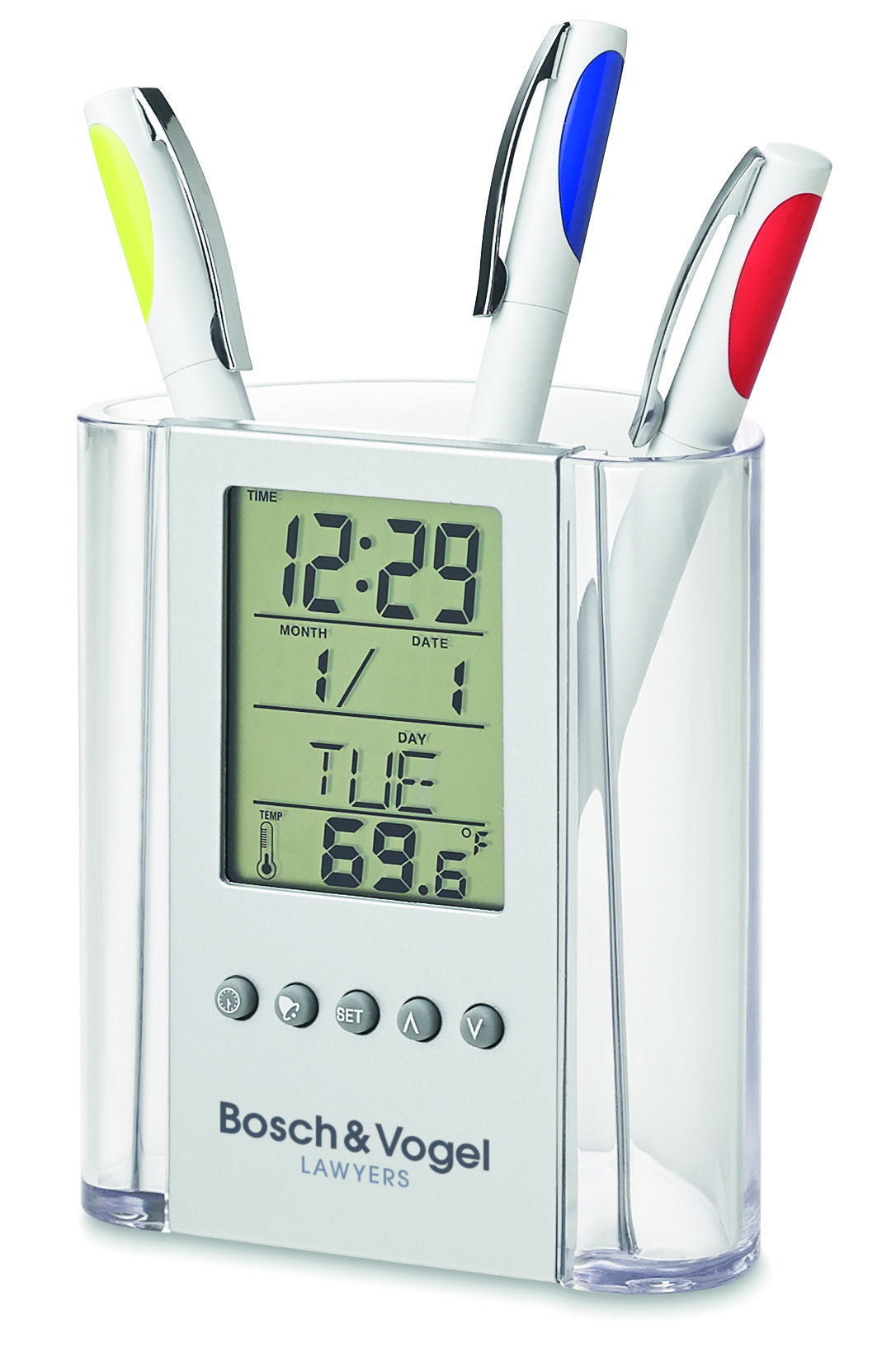 Schreibtisch-Organizer, Digitale Uhr, Penhalter, LED-Display, Büroaccessoire, digitale uhr, schreibtisch-organisator, buntstifte stifte, lcd-anzeige, boss&vogel/ law offices, digitale-aufgabe, pen-pen, multifunktionsgerät, thermometer, bildschirm