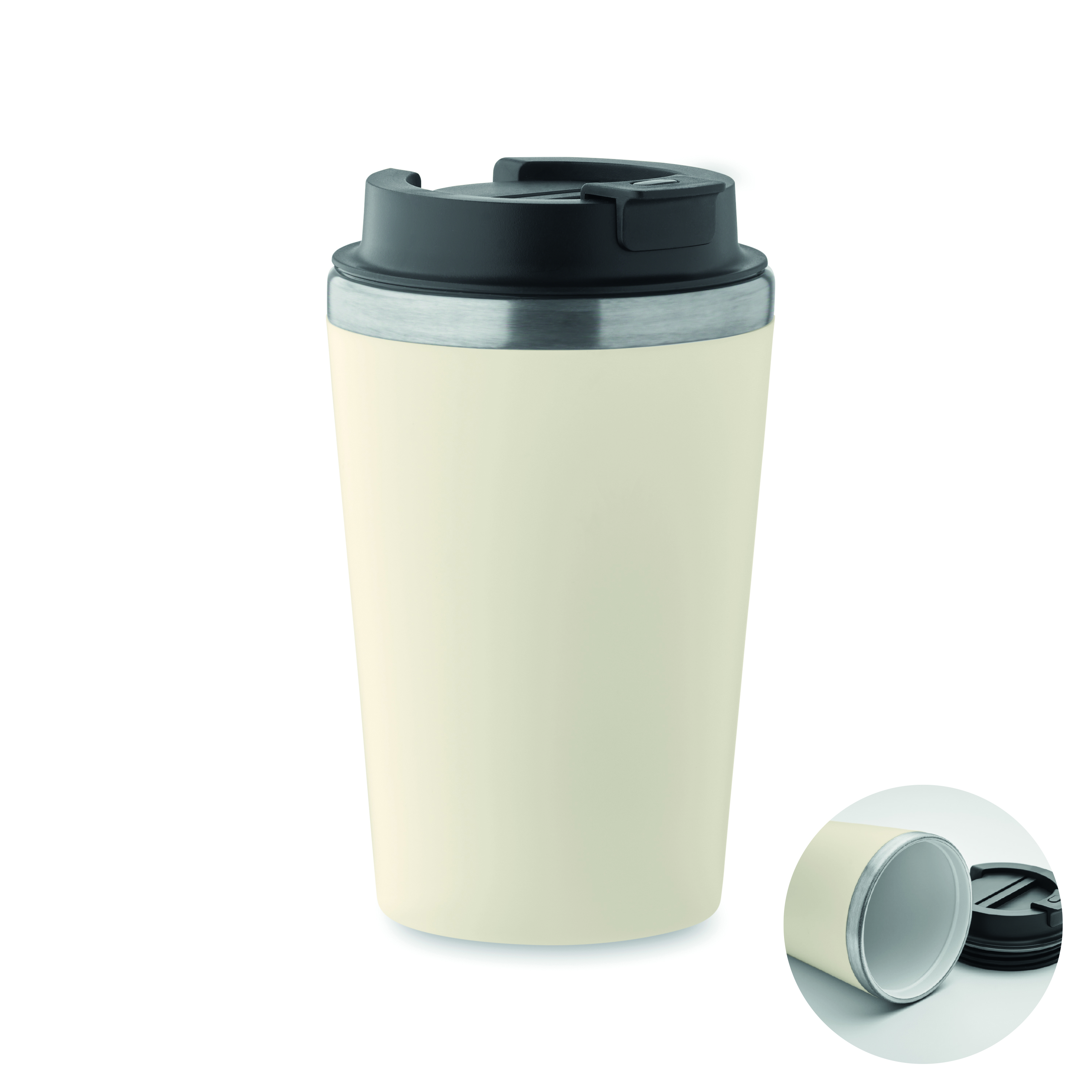 Travelbecher, Thermo-Becher, Beige-Becher, Ausgießöffnung, Metallrand, Reisebecher, Thermobecher, Plastikbecher, Deckel, cremefarbig, Becher, Trinkbecher, Reisebecher, Kunststoff, Schwarzdeckel