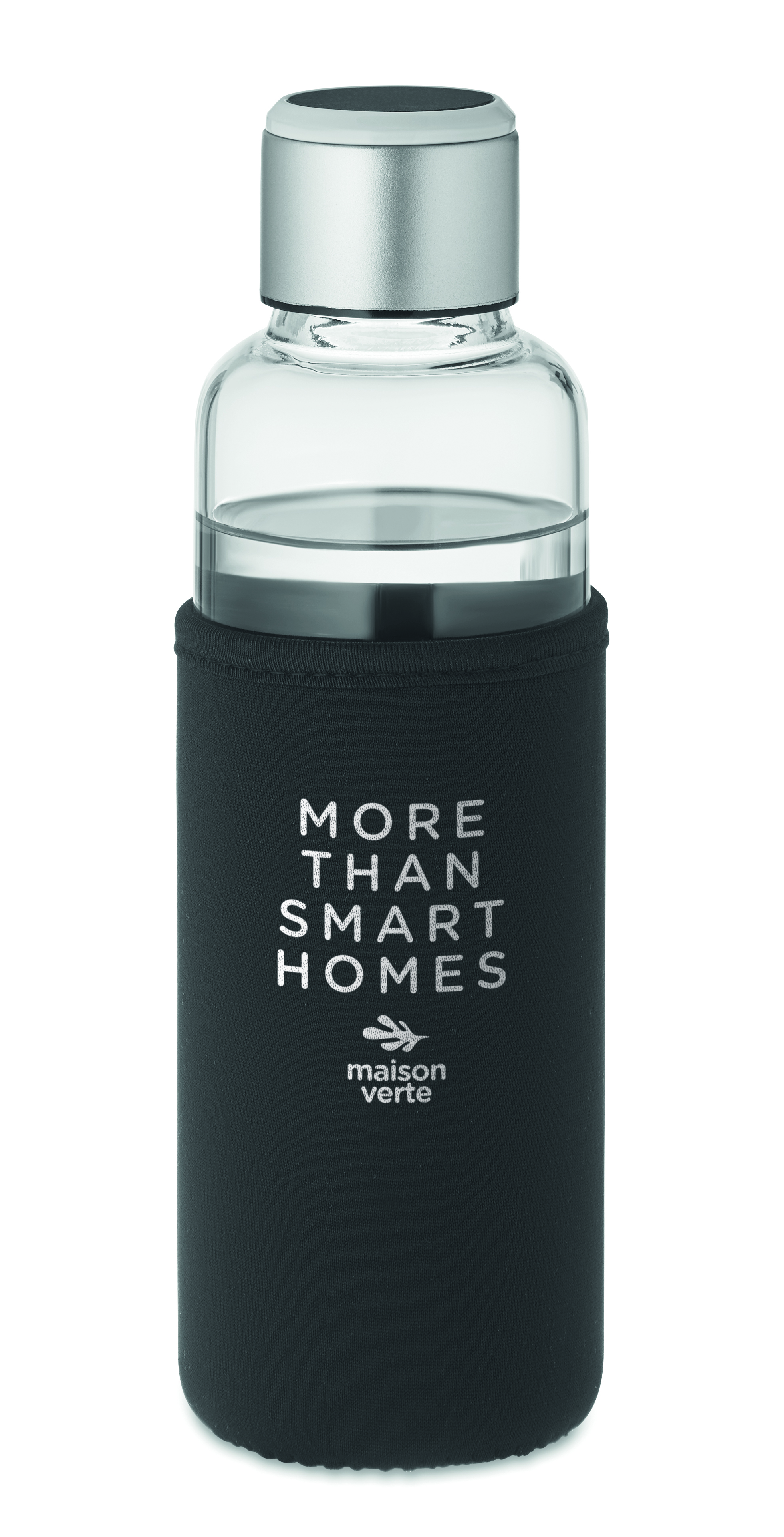 Trinkflasche,  Glasflasche,  Silberschraubverschluss,  Schwarzhülle,  More than Smart Homes