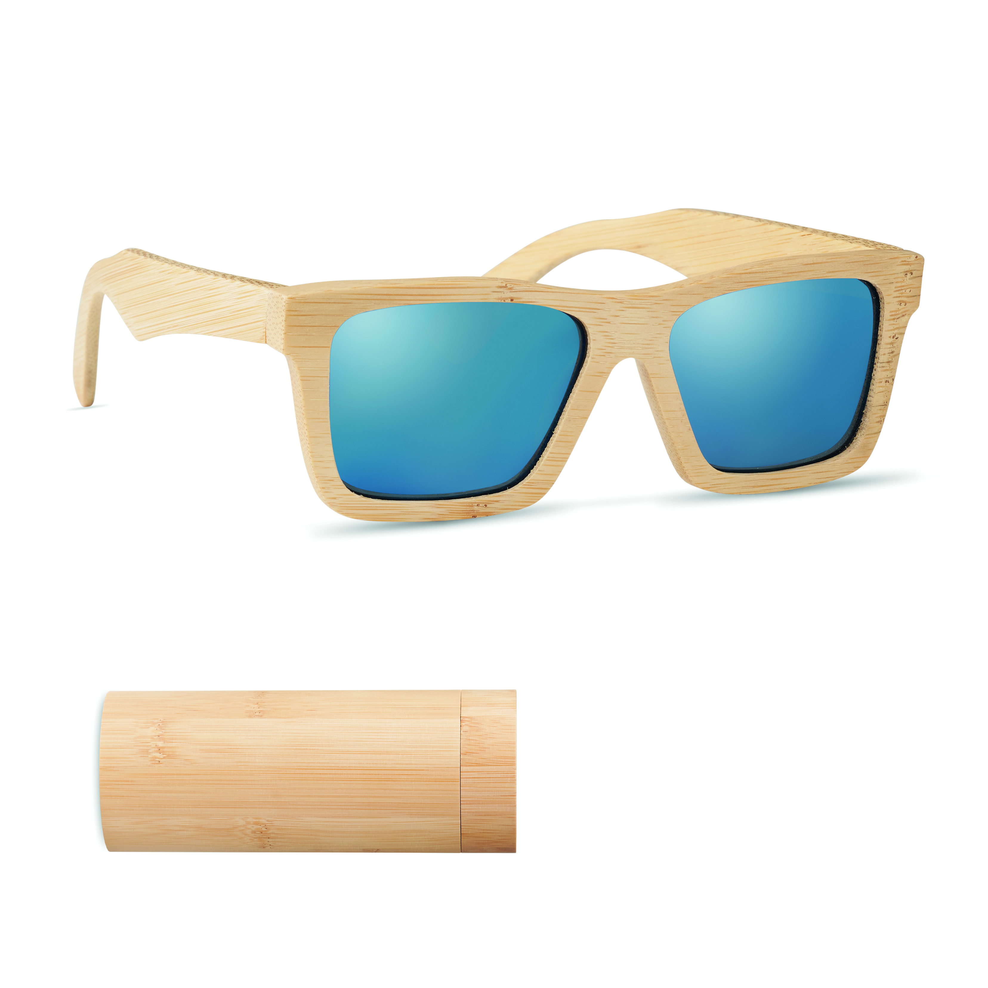 Holzfaserbrille, Sonnenbrille, Bambusrahmen, blaue Gläser, Kellermodell