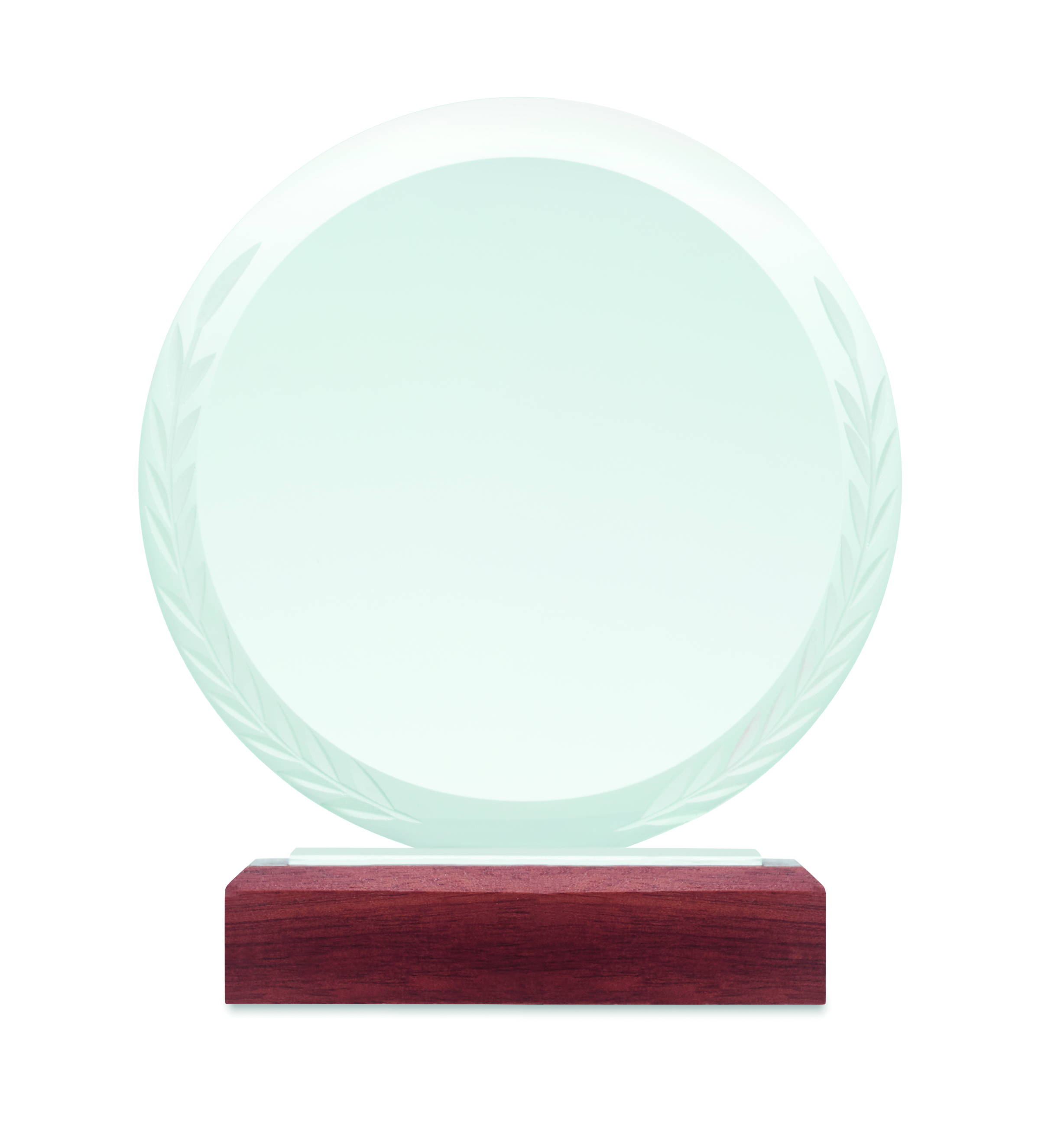 _glass trophy, award plate, round glass, laurel border, wooden base