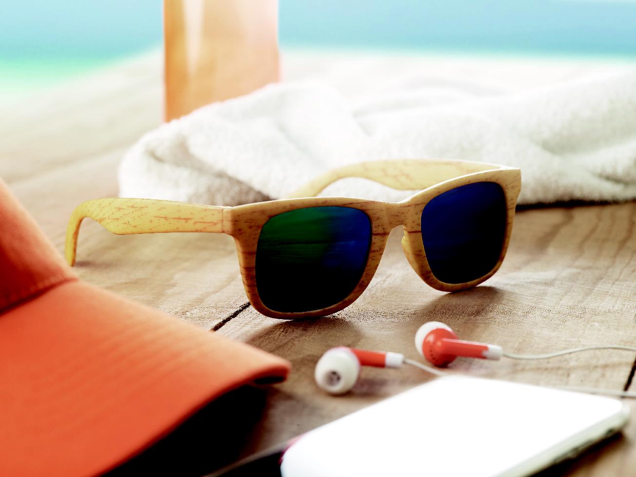 Sonnenbrille, Holzrahmen, Blaue Gläser, Strandzubehör, Ohrhörer