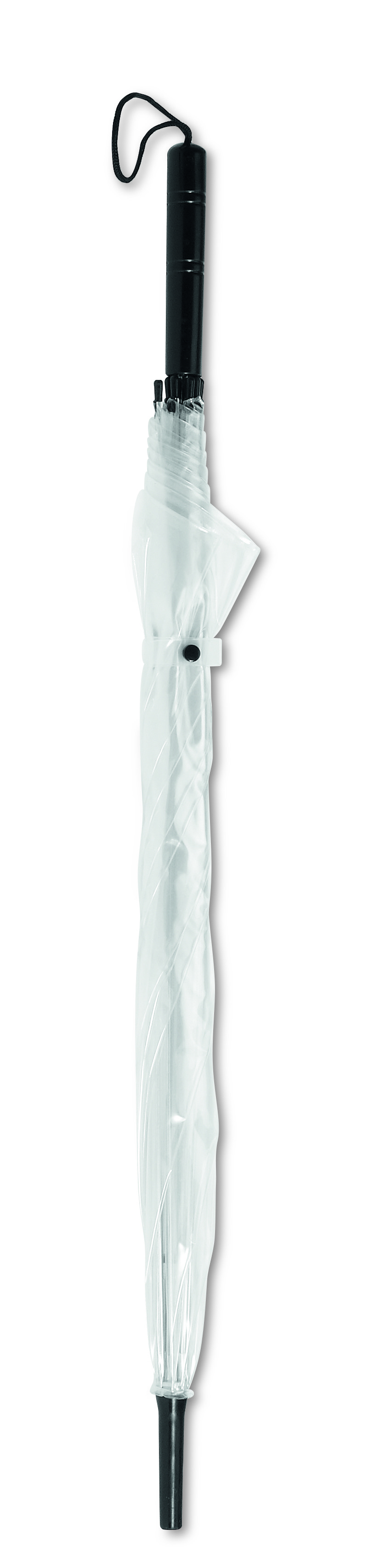 regenschirm, faltbarer schirm, transparente hülle, schwarzer griff, hemmung/ befestigung