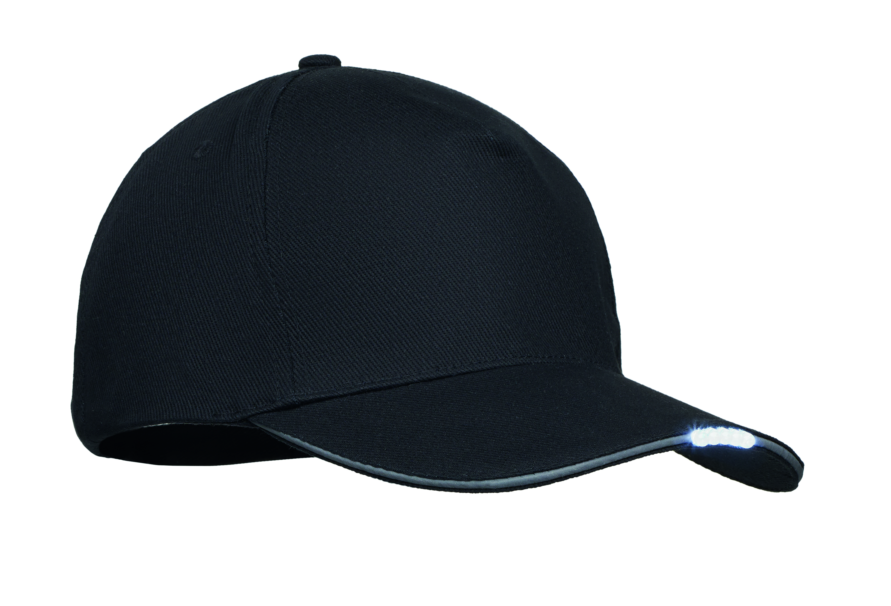Baseballkappe, dunkle Farbe, Unifarben, gebogener Schild, LED-Leuchte, Baseball cap, Schwarz, Kappe, LED-Detail, Schirm, Baseballkappe, Baumwollkappe, Unifarben, Schwarz, Licht am Schirm