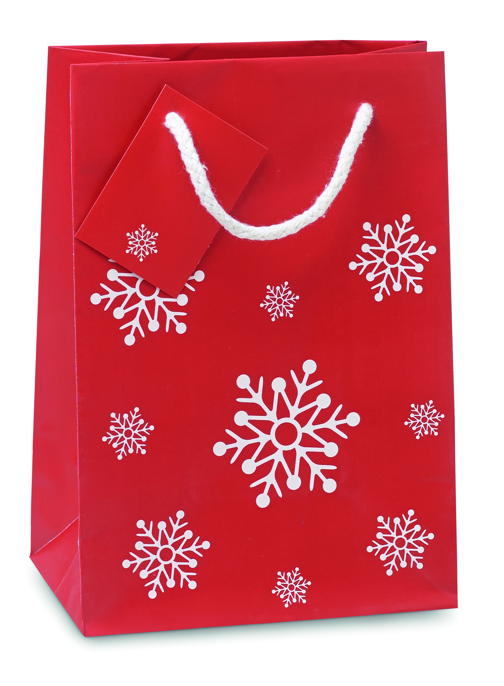 Geschenktüte, rote Tüte, Schneeflockenmuster, weißes Trageband, Weihnachten, Geschenktasche, rot, Schneeflocken Muster, Papierbeutel, Tragegriff, Geschenkverpackung, Geschenktüte, Schneeflocke, rot, Papiertasche