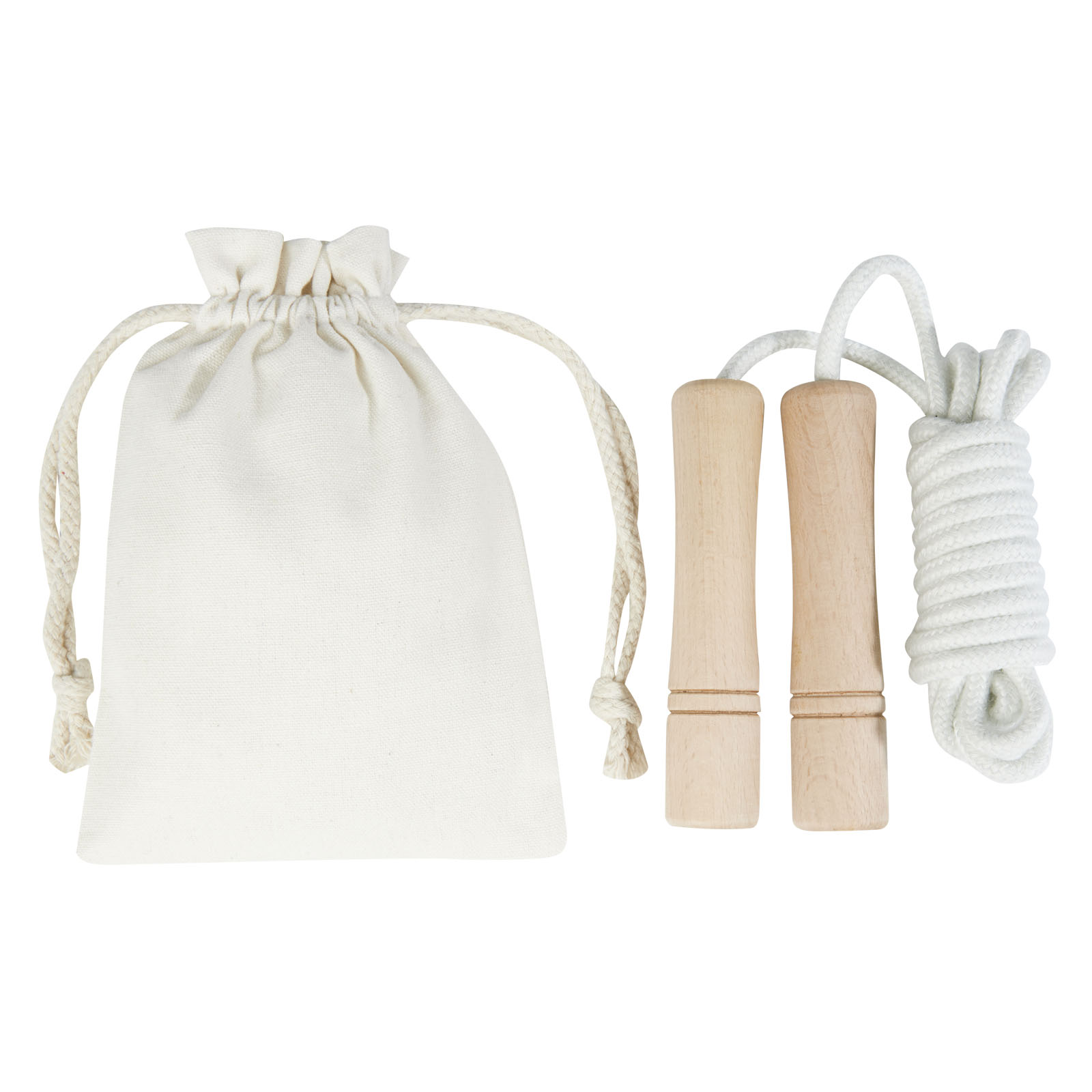 Sprungseil, Seil, Holzgriffe, Baumwollbeutel, Fitnesszubehör