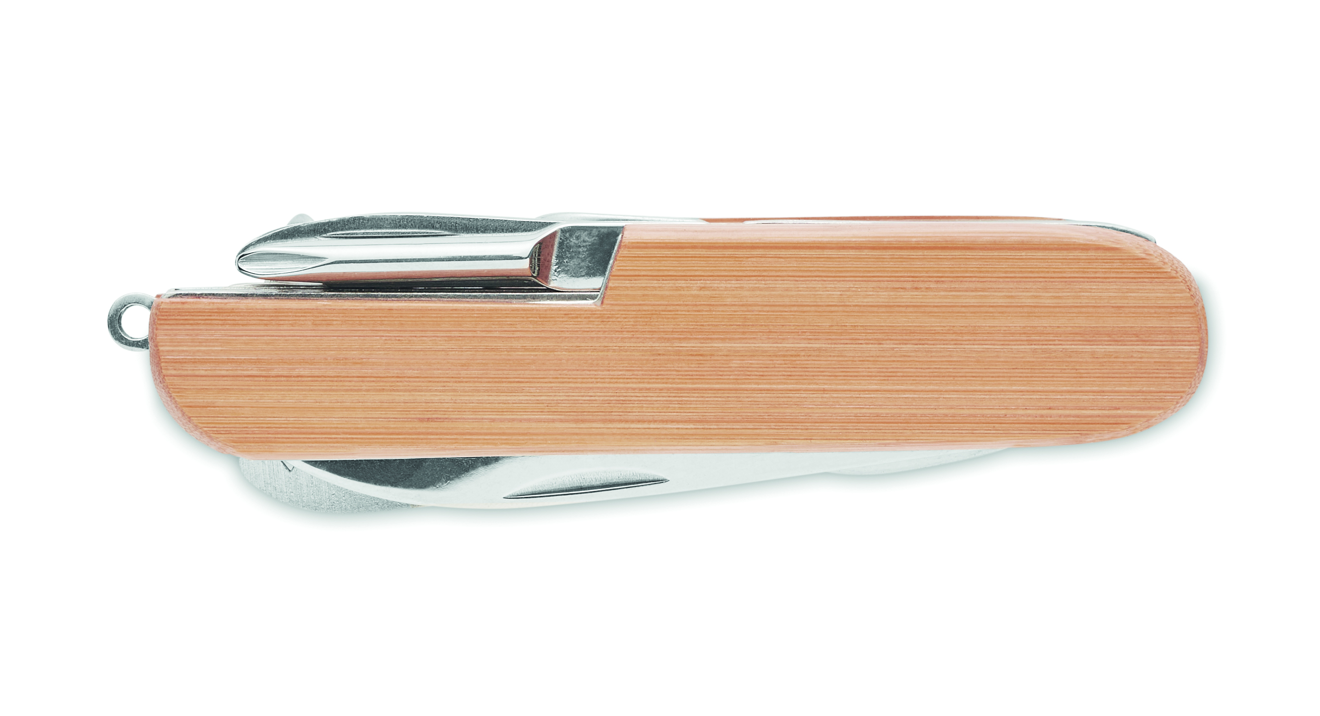 Schlüsselanhänger, Messer, Holzgriff, Klingenschutz, Klinge aus Stahl