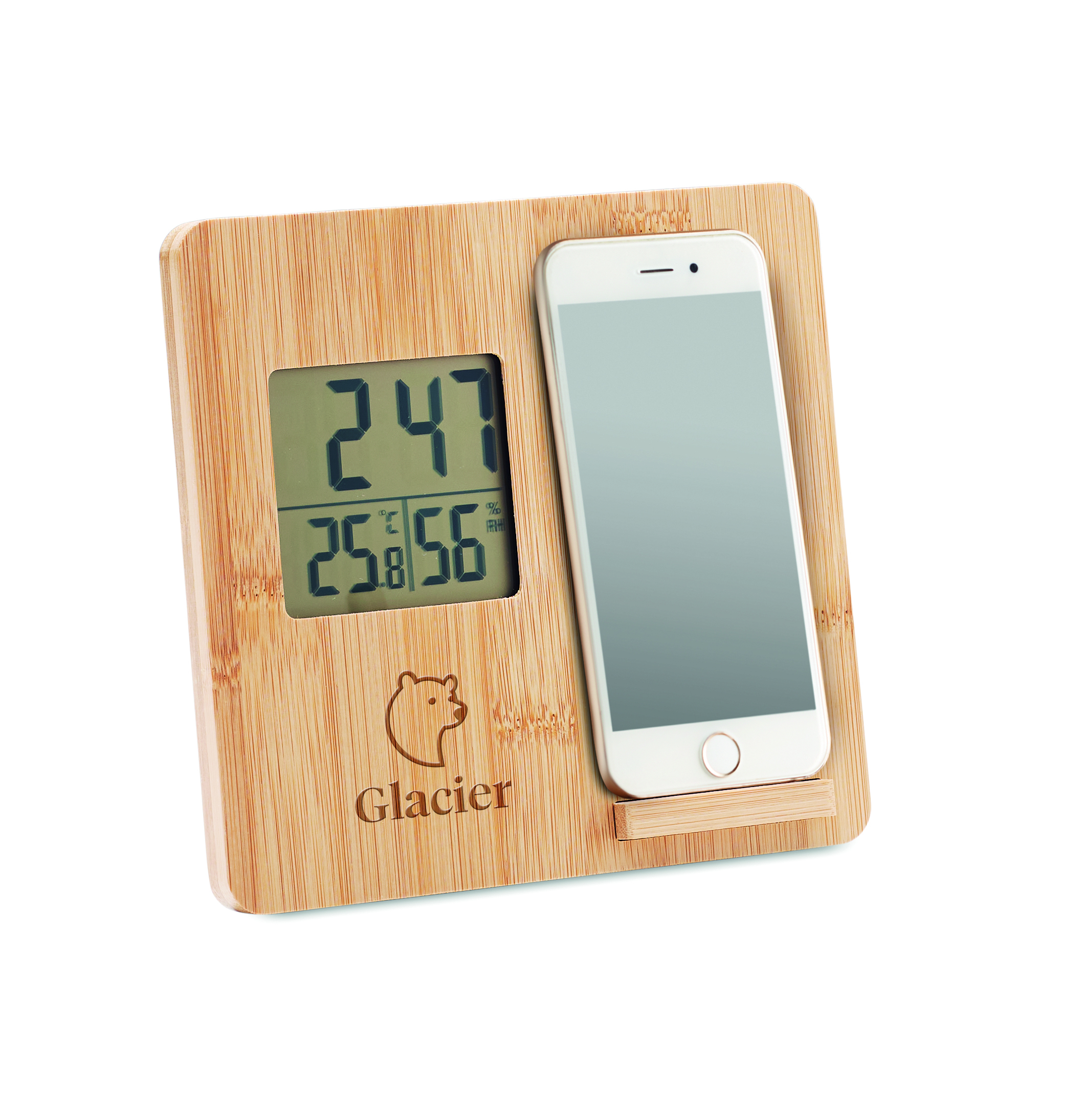 Holzaufnahme, Tischuhr, Digitalanzeige, Thermometer, Smartphone-Halter