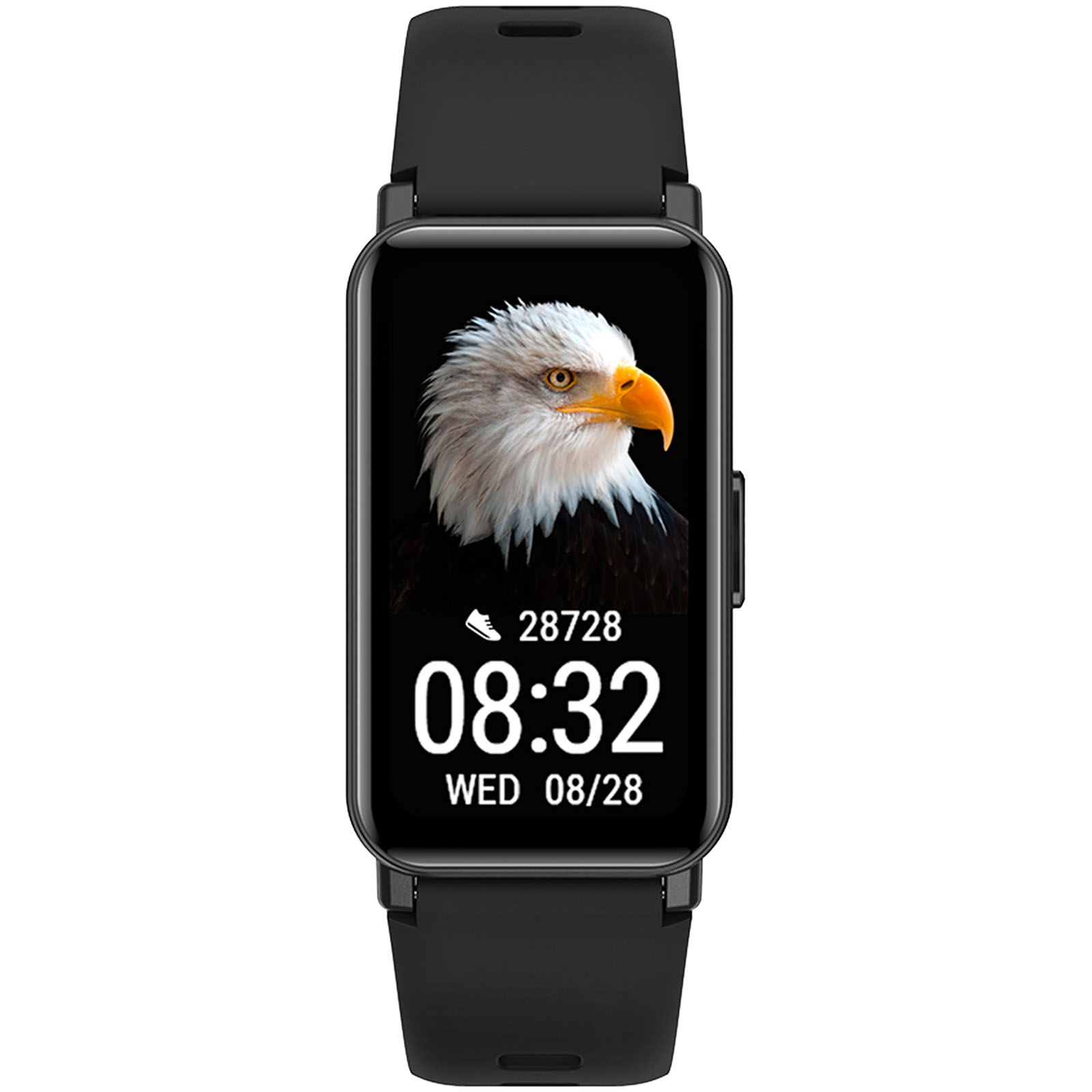 smartwatch, digital display, black strap, square face, eagle image