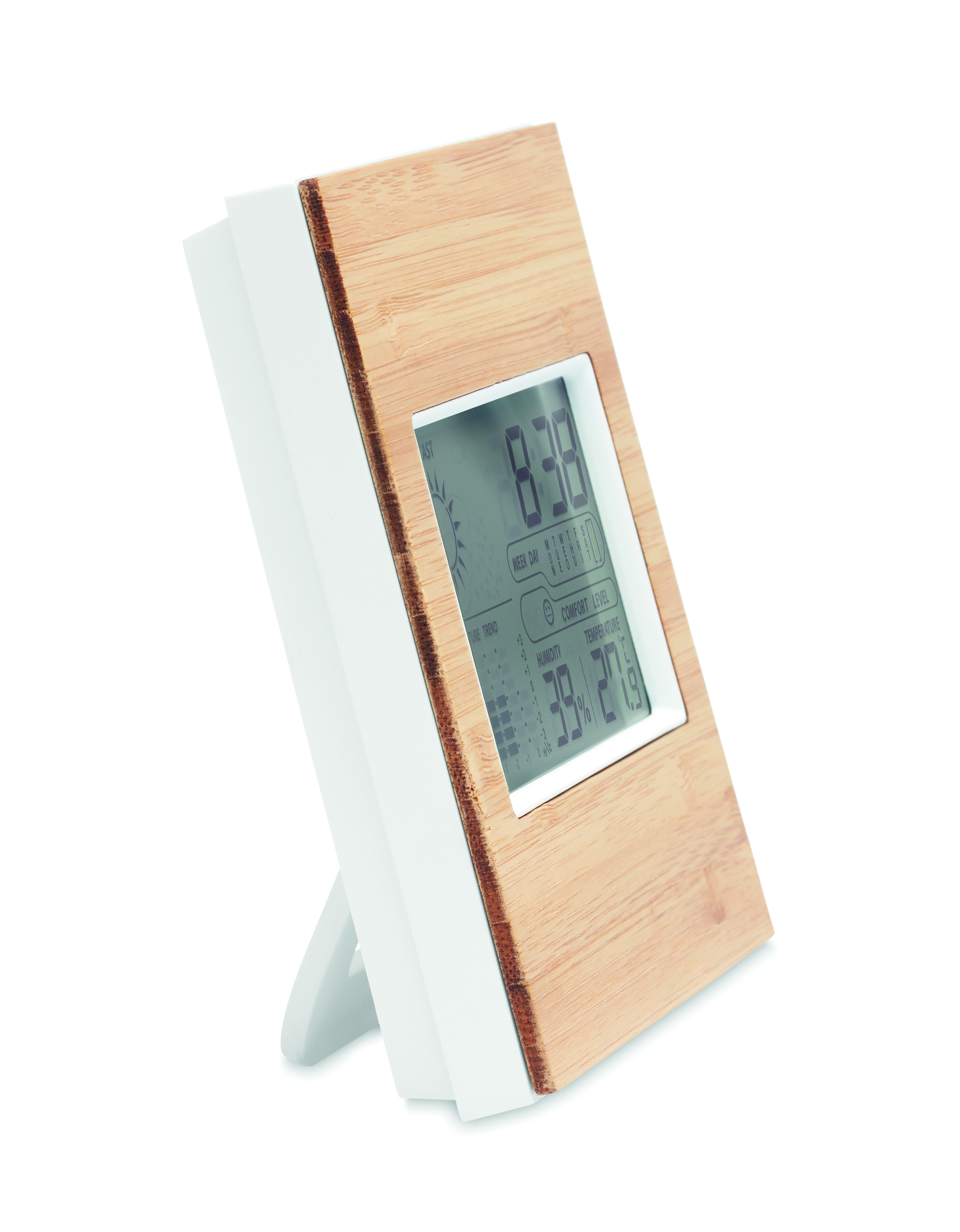 digitaler thermometer, Holzrahmen, Uhr, LCD-Anzeige, Ständeruhr