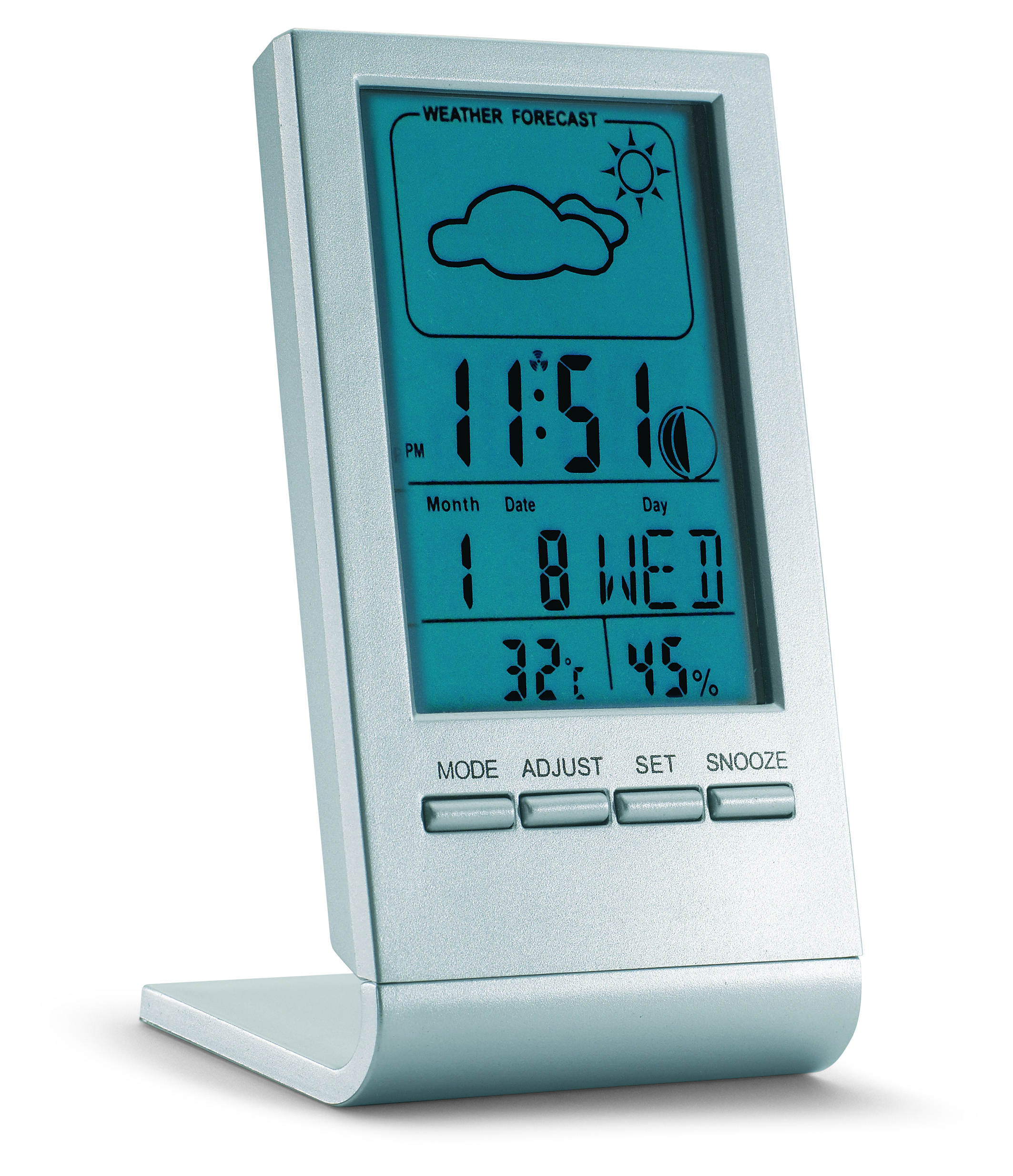 Digitalanzeige, Uhr, Wettervorhersage, Aluminiumgehäuse, Kompakter Stand, Digitale Uhr, Tischuhr, Wetteranzeige, Digitalanzeige, Tischgerät, digital clock, wetteranzeige, wettervorhersage, digitales LCD, kompakte uhr