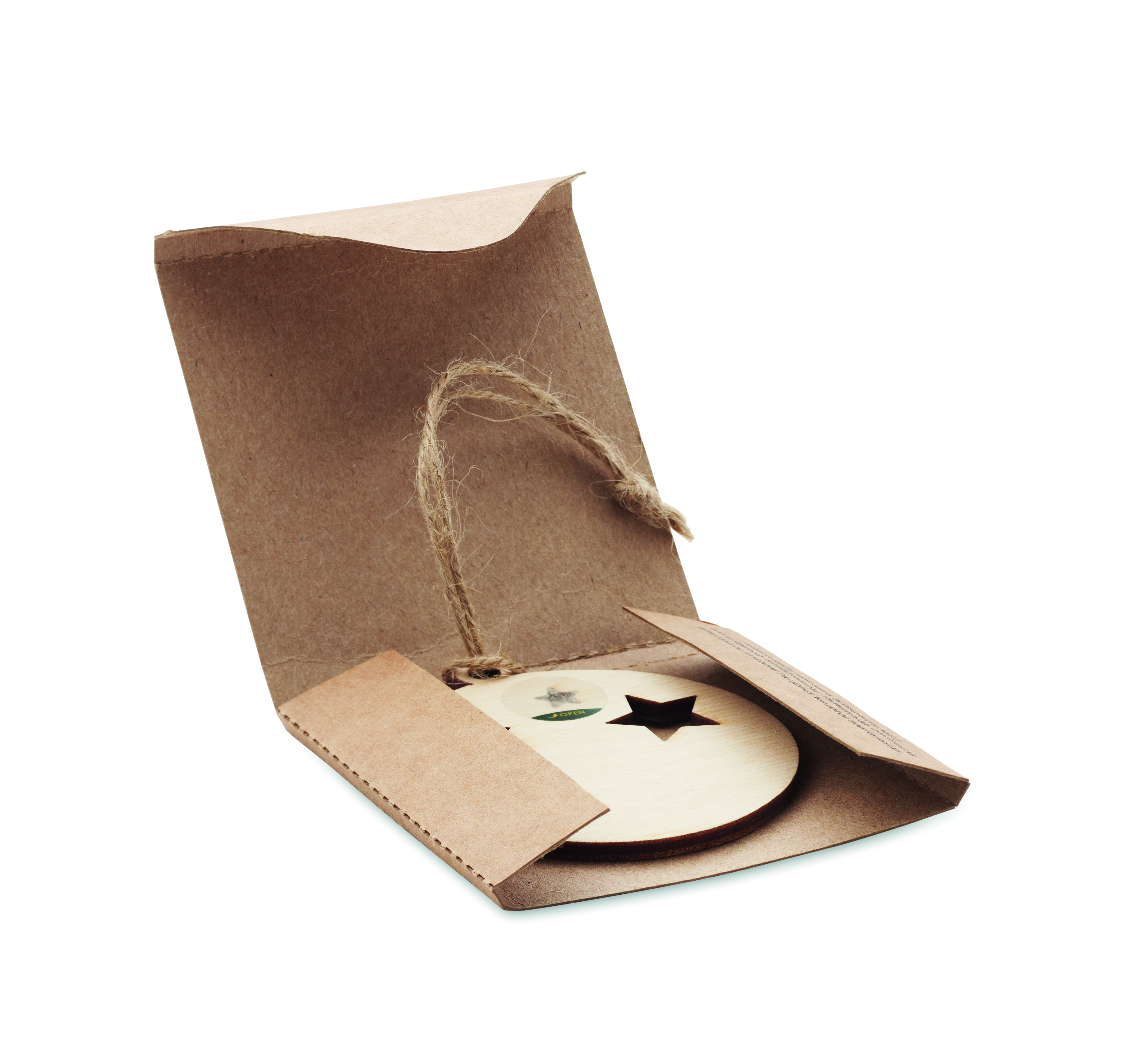 Pappe-Verpackung, Geschenkverpackung, Jute-Henkel, Holzscheibe, Star-Motiv, Verpackung, Kraftpapier, Juteband, DVD, Kartonverpackung, Paket, Kordelzug, Pappe, Holzscheibe, Star-Form Loch, ökologisch, Geschenk, Verpackung, Pappe, Juteband