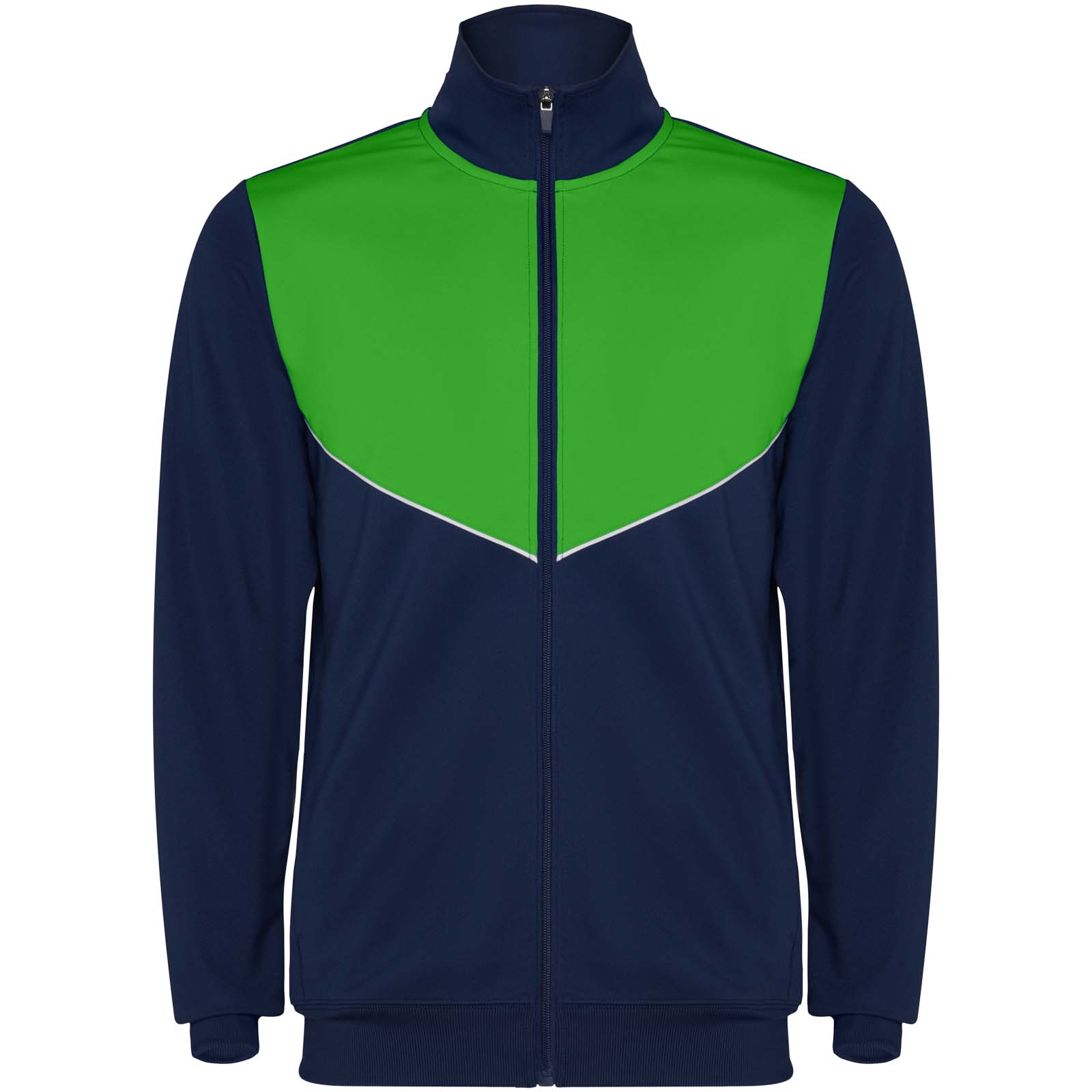 Jacke, Sportjacke, Reißverschluss, Navy, Grün, V-Design, Baumwolle?, jacke, windjacke, reissverschluss, grün, navy, jacke, reissverschluss, longsleeve, farbenblock, sportstil, Jacke, Trainingsjacke, Navy, grüne Paneele, Reißverschluss vorne