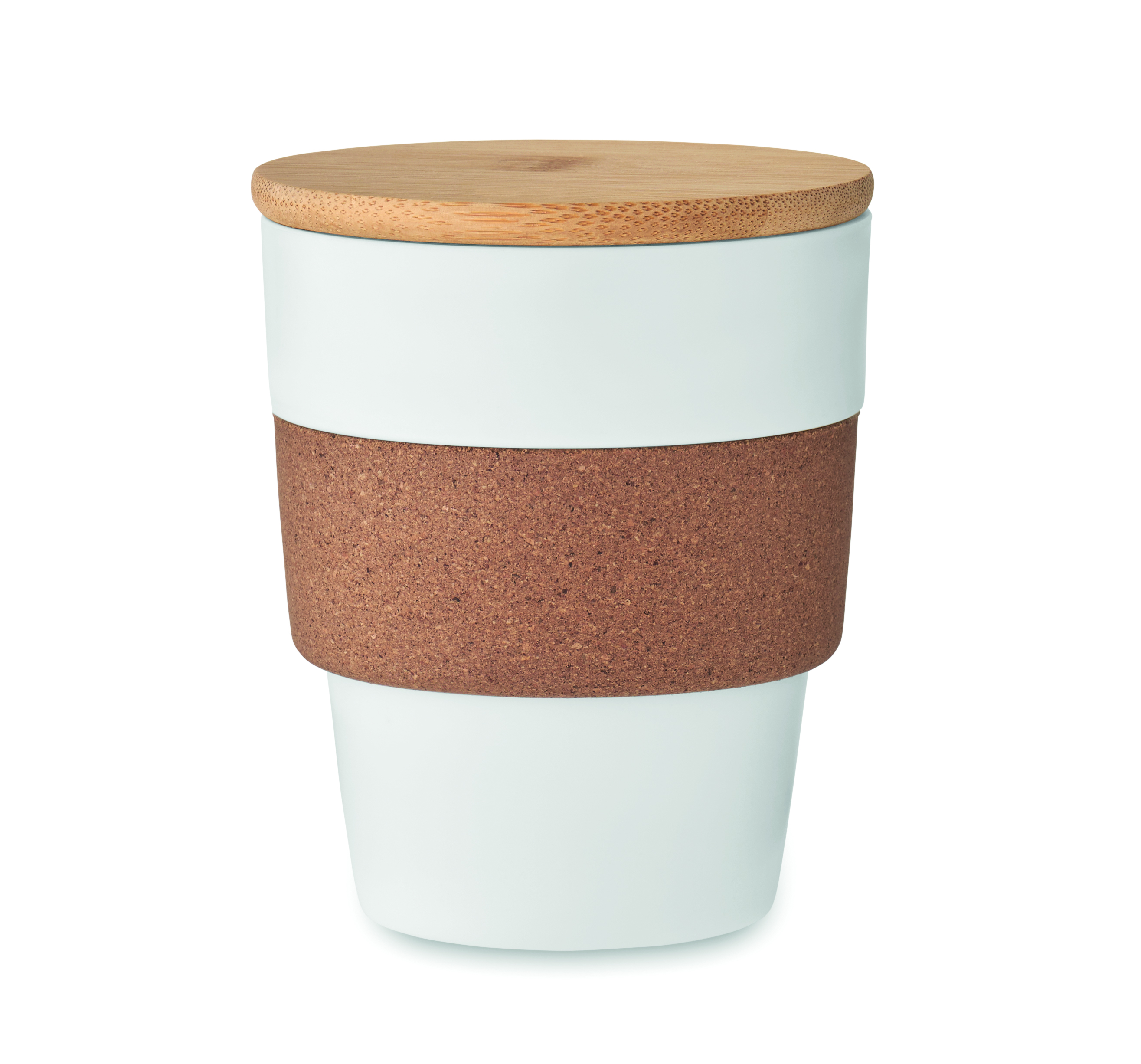 Becher, Korkband, Bambusdeckel, Kunststoffbecher, to-go Becher