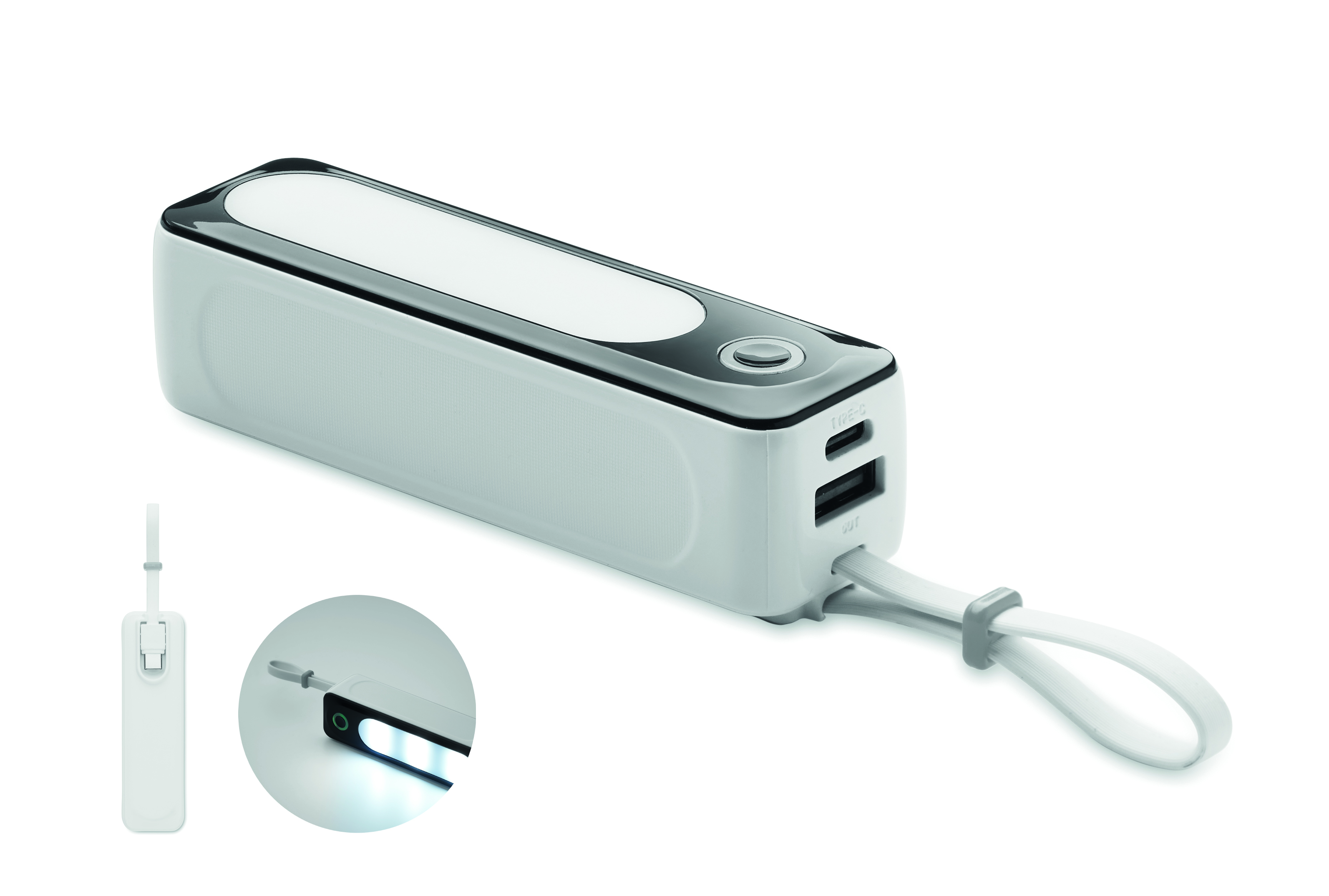 powerbank, tragbare ladeeinheit, USB-C, USB-A, LED-licht, Lautsprecher, Powerbank, USB-C, LED-Licht, Trageband, Powerbank, USB-C, USB-A, Duale USB, LED-Licht, Powerbank, tragbare Ladestation, USB-C, LED-Licht, Schlitzhalterung