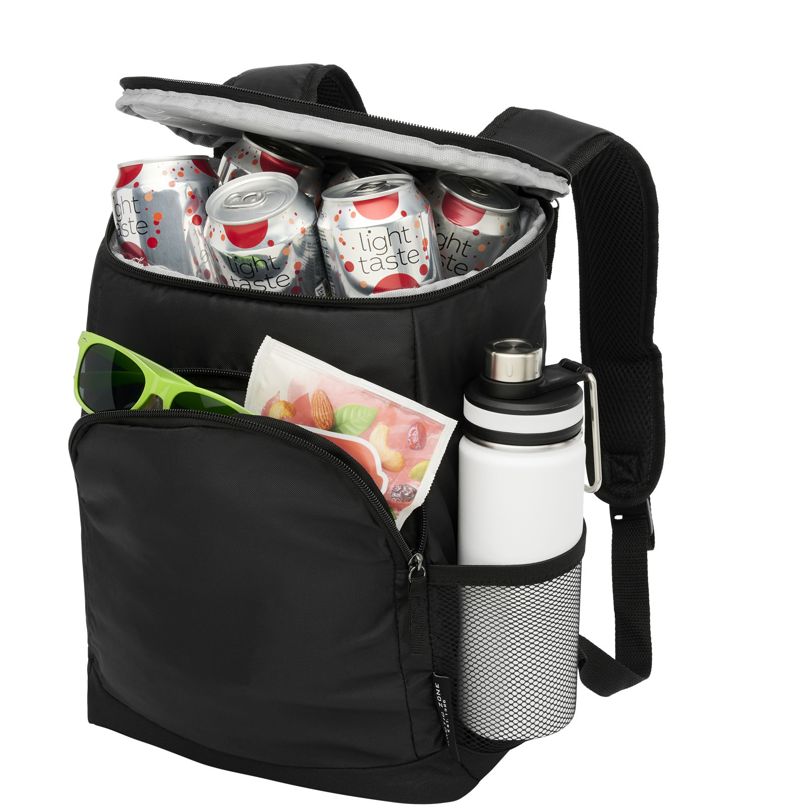 Rucksack, Lunchbag, Trinkflasche, Kühlfach, Seitentasche, Rucksack, Tasche, Trinkflasche, Sonnenbrille, Kleine Snacks, Rucksack, Thermosflasche, Dosen, Netztasche, Sonnenbrille