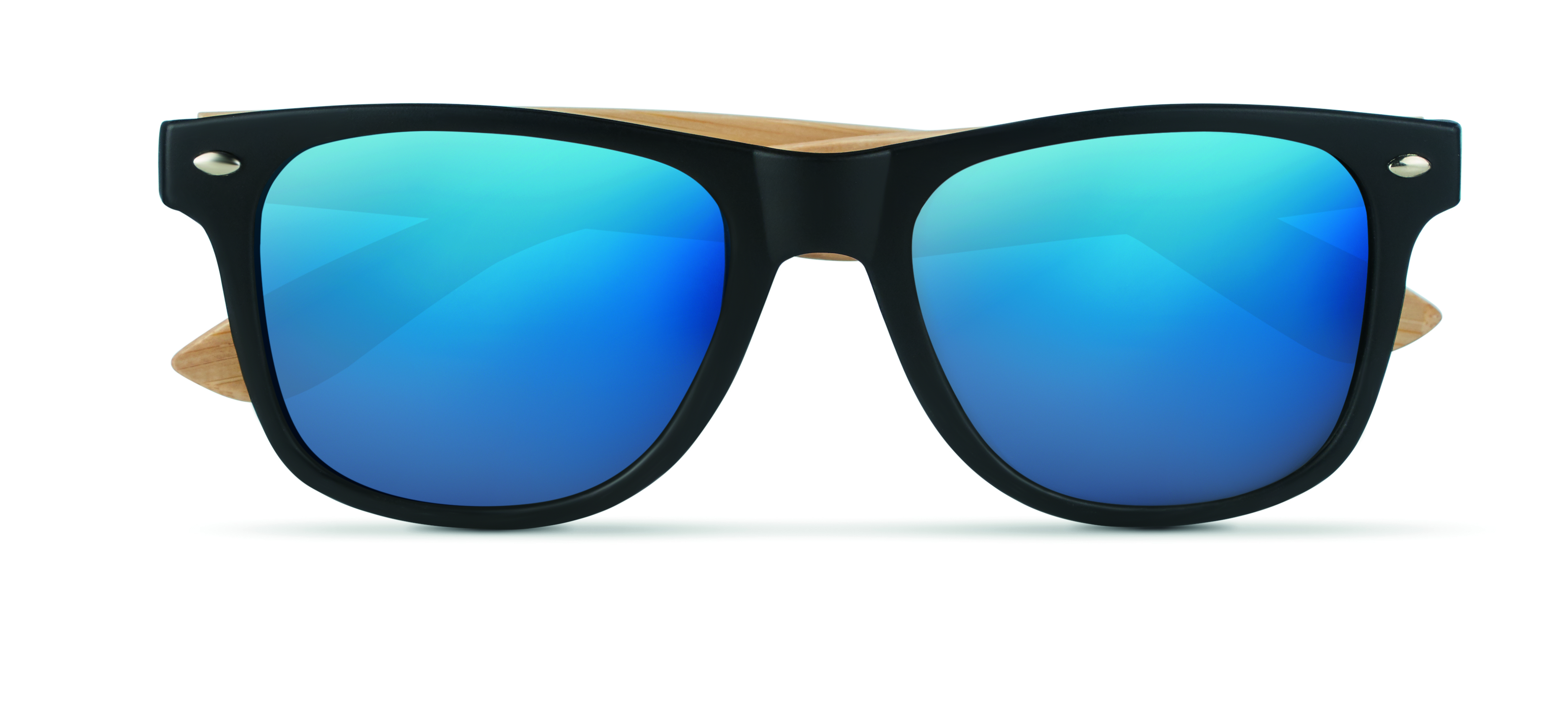 Sonnenbrille, Sonnenbrillengestell, blue mirrored, randlose Brille, Holzrahmen, Sonnenbrille, Rahmenfarbe schwarz, Blaue Spiegelgläser, Holztemple, große Brille