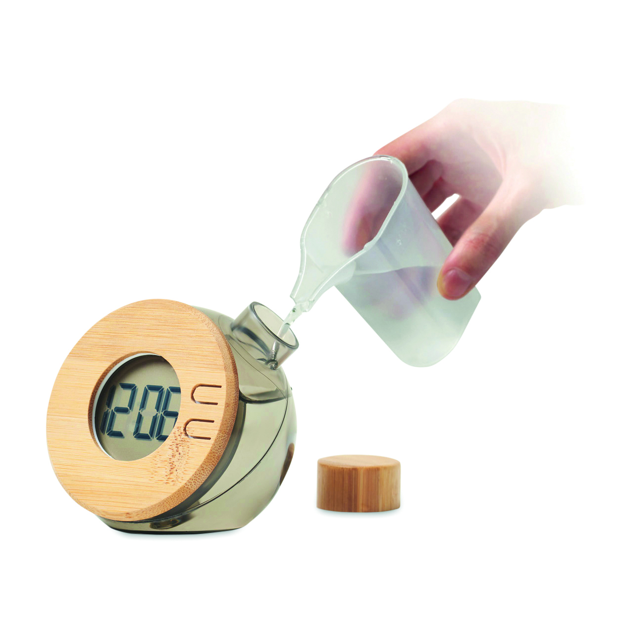 digitales Thermometer, Temperaturmessgerät, Holzränder, Glasflasche, Messgerät