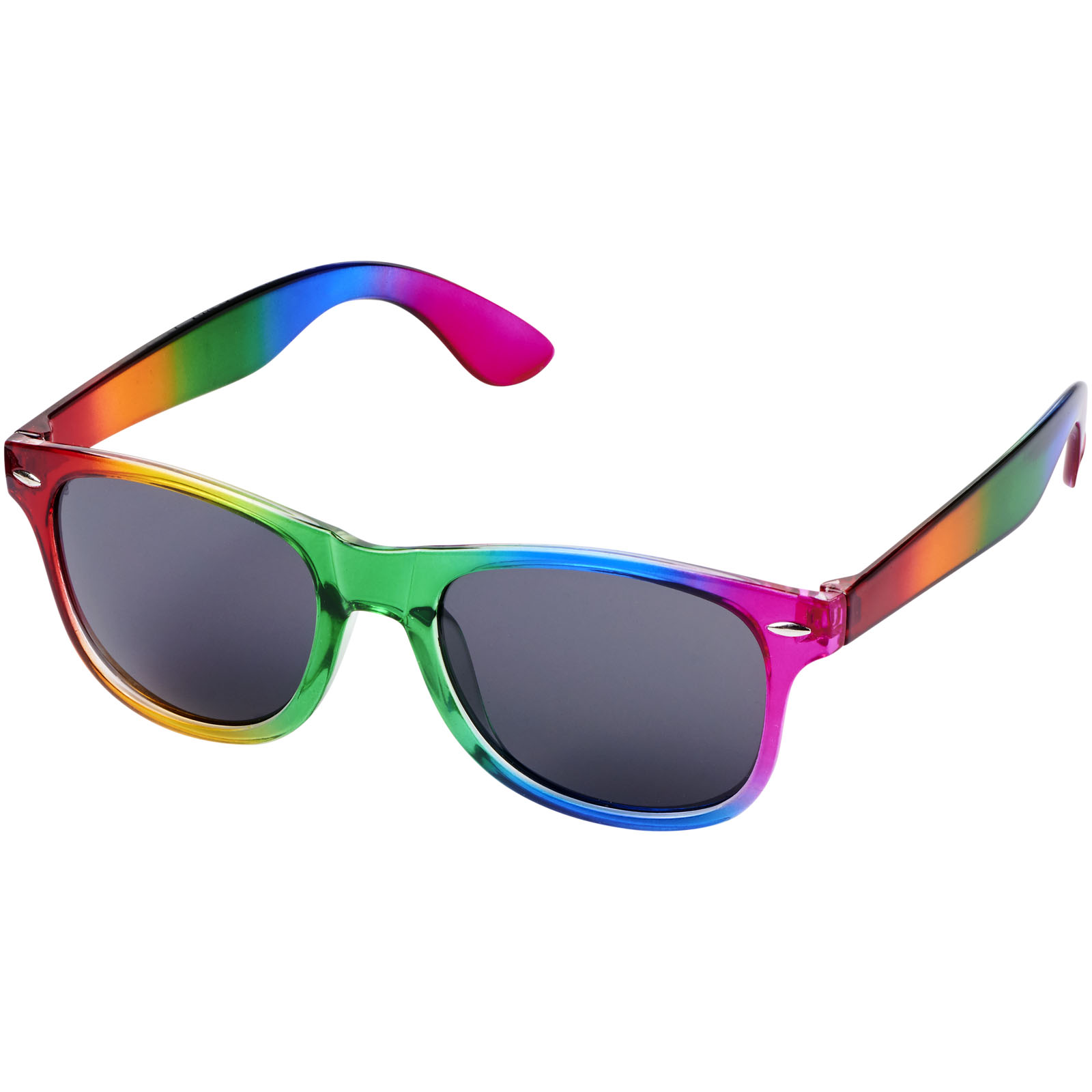 Sonnenbrille, Regenbogenfarben, Transparenter Rahmen, Dunkle Gläser, Retro-Design, Sonnenbrille, Regenbogenrahmen, Bunte Sonnenbrille, Kunststoffrahmen, Dunkle Gläser, Sonnenbrille, Regenbogenfarben, Rahmen Kunststoff, Grau Gläser, Sportlich casual