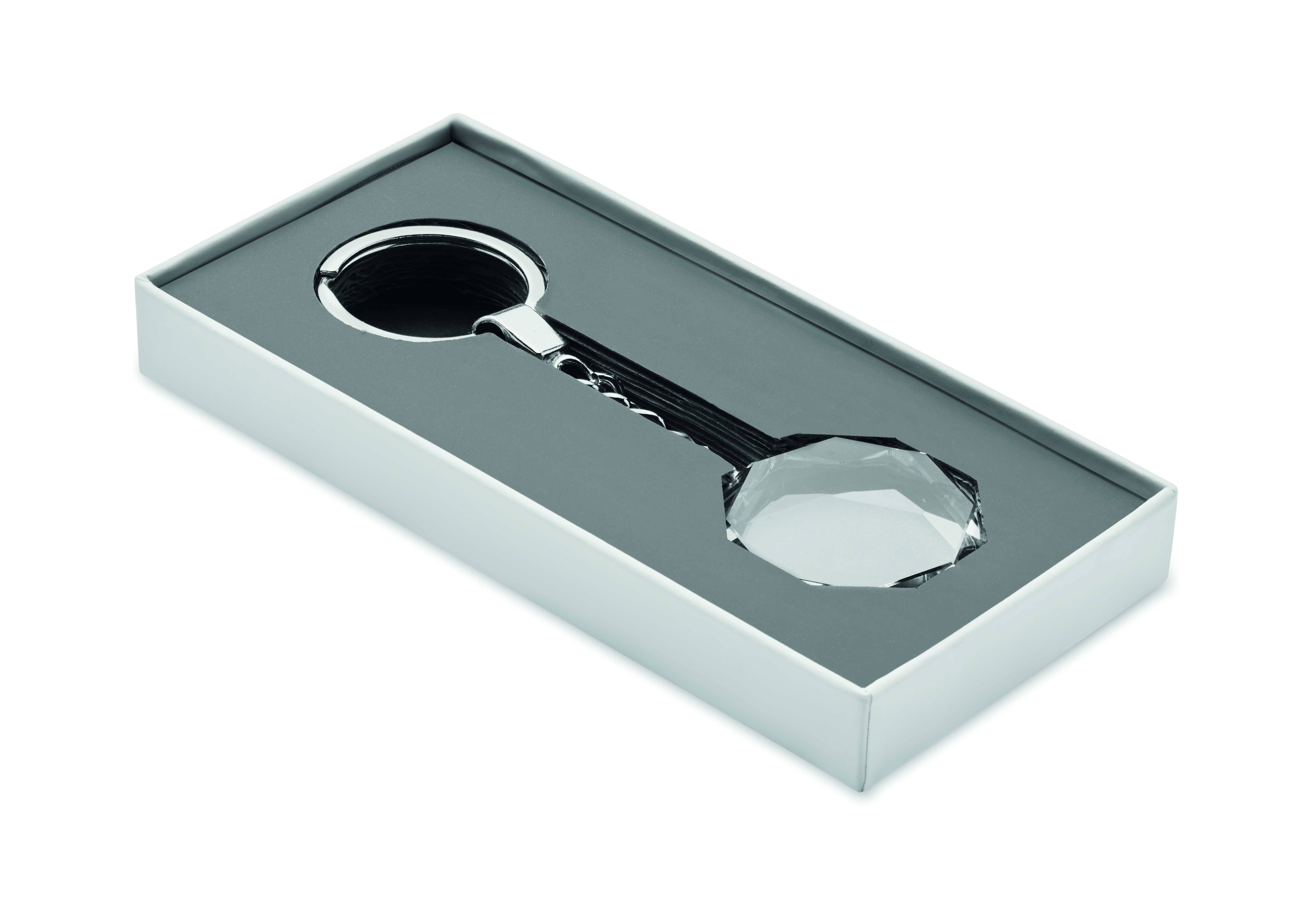 Schraubenschlüssel, Flaschenöffner, Metall, Schwarz, Kugelknauf, Schlüsselanhänger, Hexagon Kristall, Metall, Verpackungskarton, Kette mit Ring, Schlüsselanhänger, Metall, Klarer Stein, Facettenschliff, Geschenkset