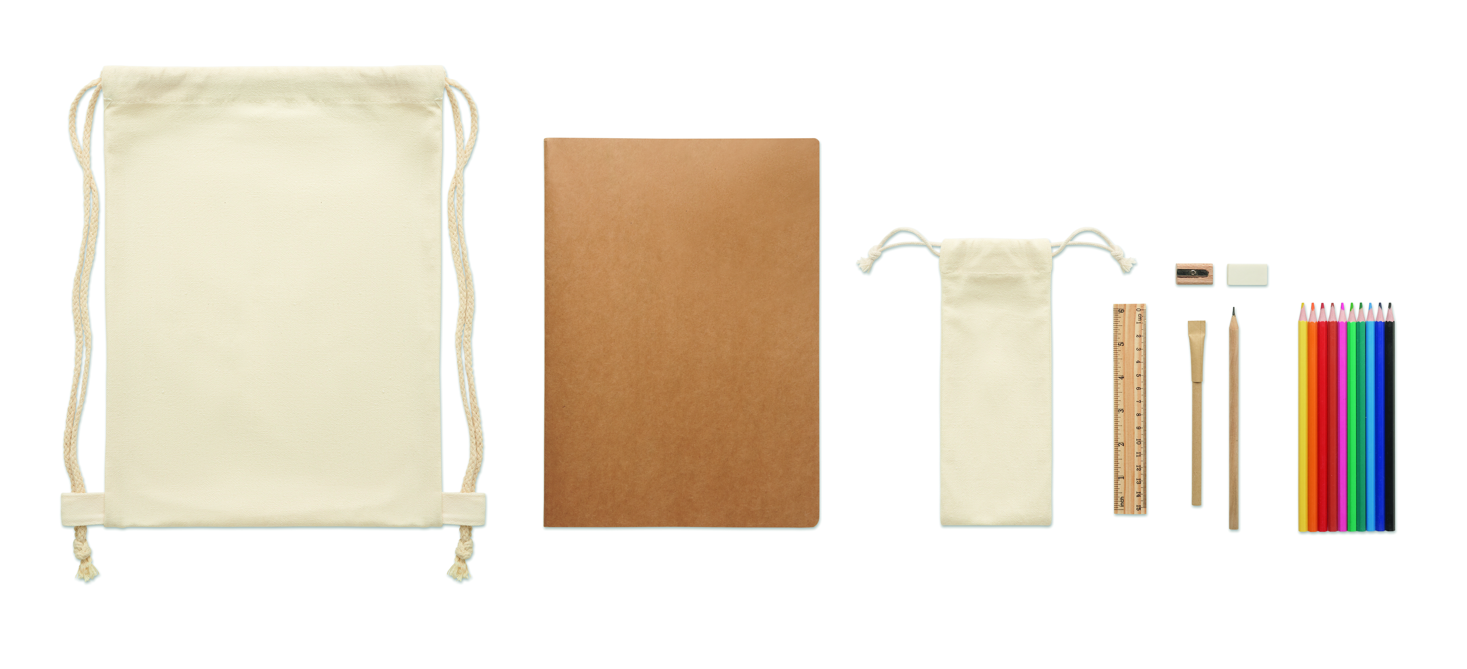 drawstring bag, canvas bag, notebook, pencil set, school supplies