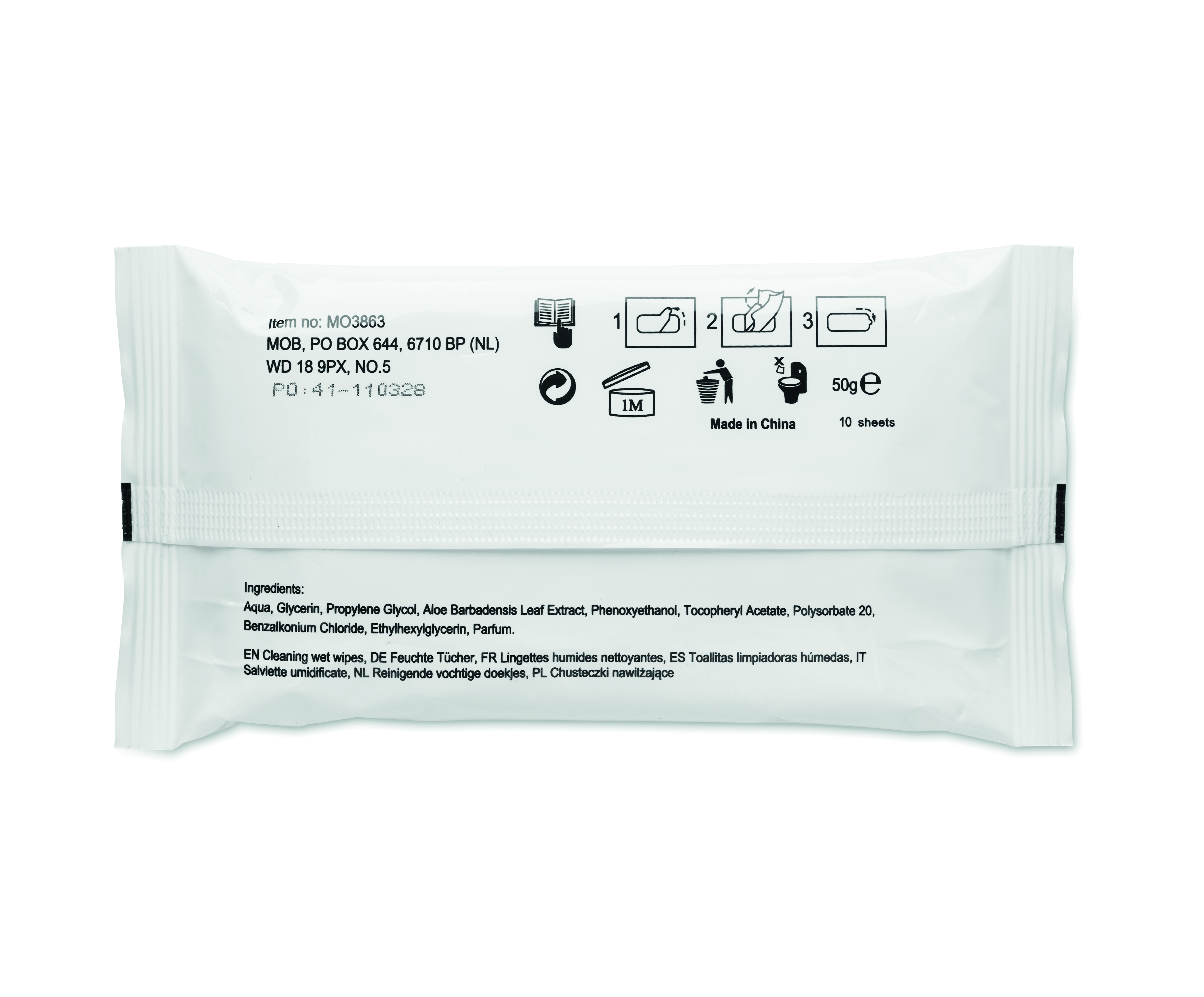 Feuchte Tücher, Verpackung, Hergestellt in China, 10 Tücher, 50 g