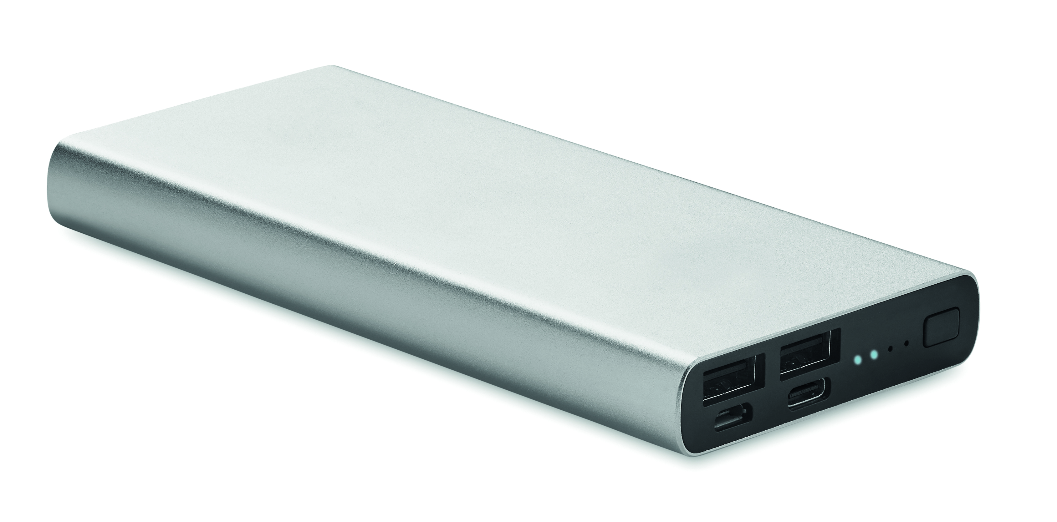 Powerbank, Externer Akku, USB-Anschlüsse, Metallisch silbern, Tragbares Ladegerät