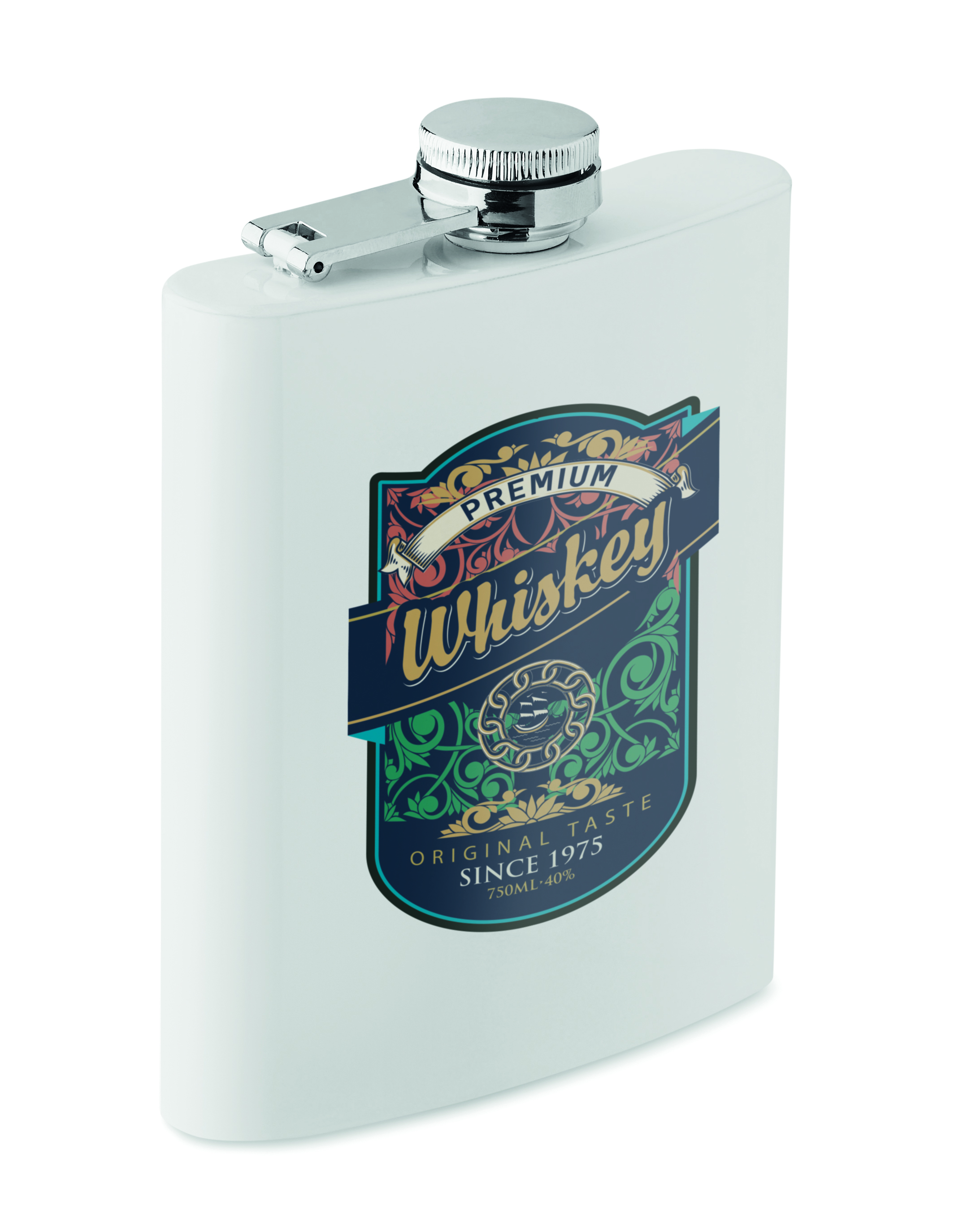 Flask, Whiskey, Flasche, Kunststoff, Etikett, Flachmann, Whiskey, Flasche, Metallisch, Etikett, Flasche, Whiskey, Flach, Kunststoffflasche, Flasche mit Deckel, Flachmann, Whiskey Flasche, Premium, 750ml, 40%