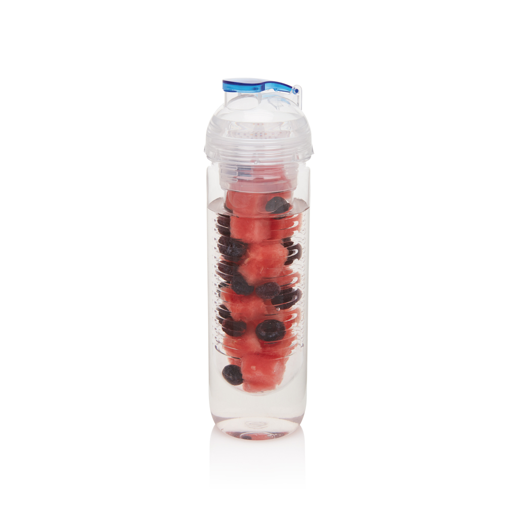 Wasserflasche, Obst im Wasser, Fruchtstücke, Deckelgriff, Transparent
