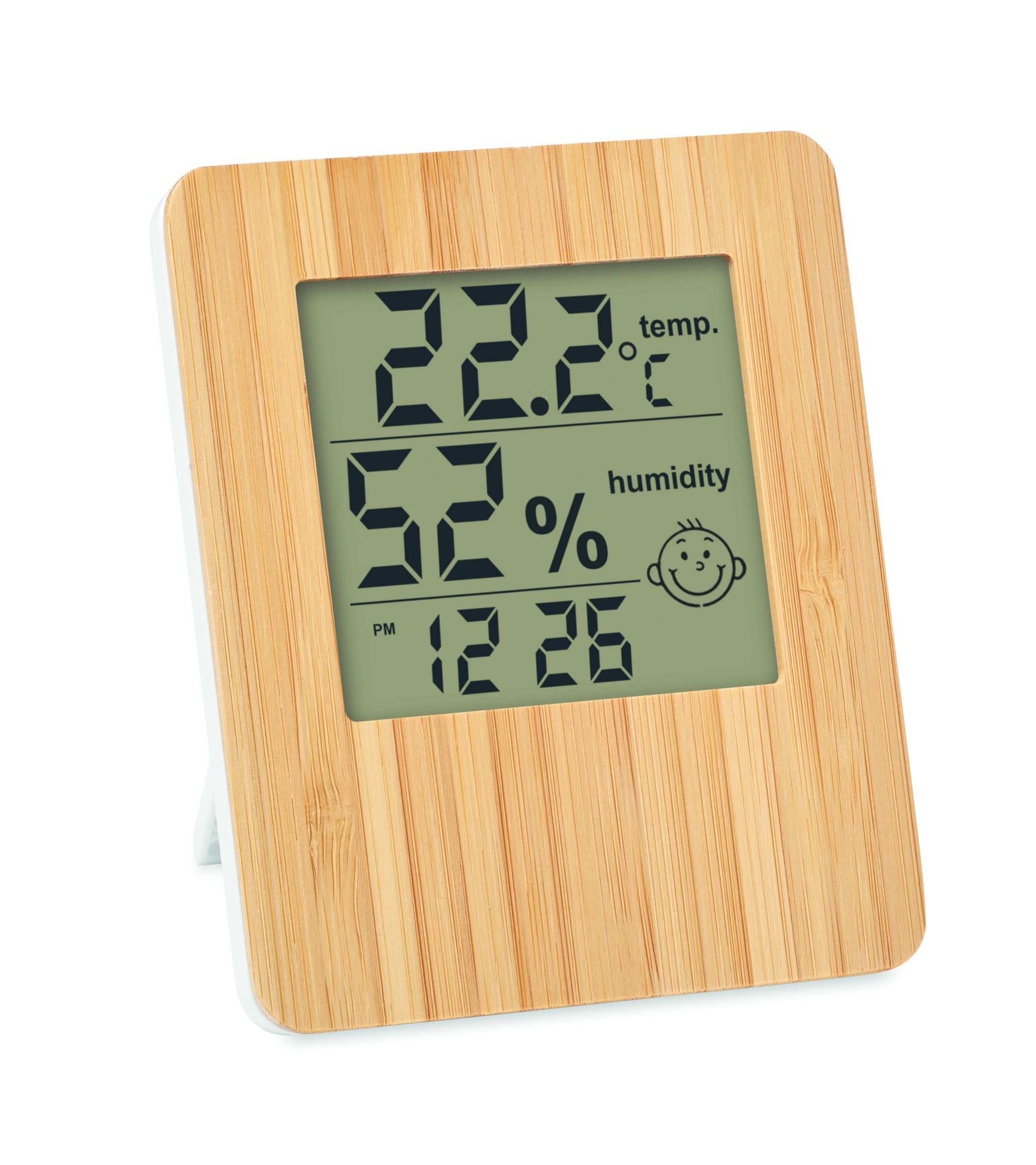 digital thermometer, heißluftfeuchte monitor, wooden frame, LCD display, weather station