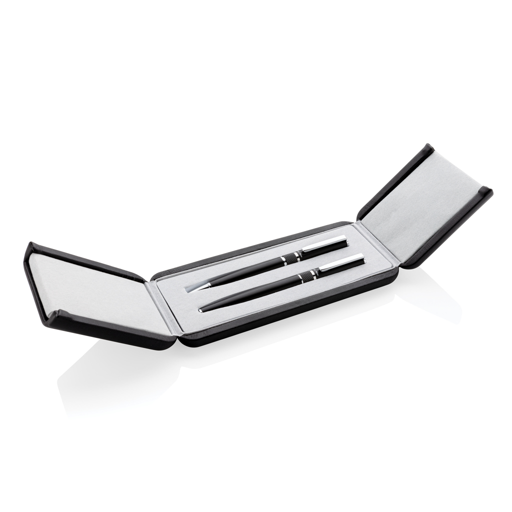 Kugelschreiber Set, Schreibset, Stiftetui, Schwarz, Metalloptik