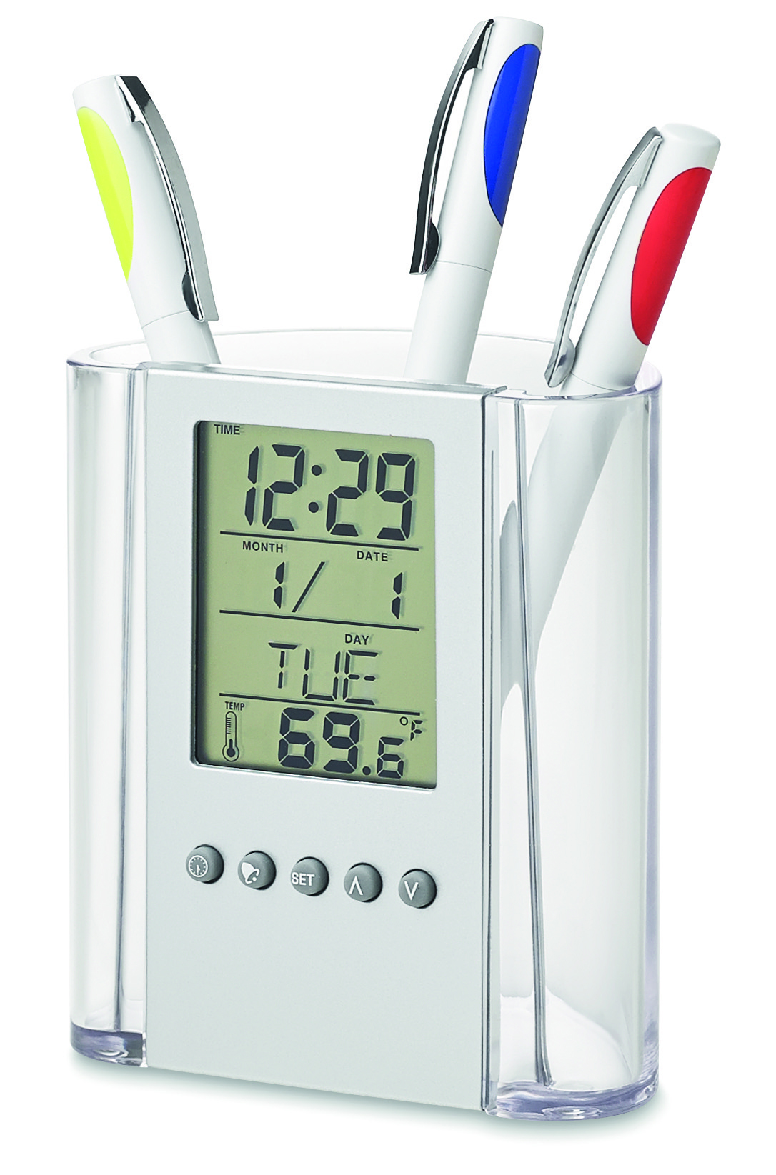 digital clock, desk clock, pen holder, lcd display, multi-function clock, Wecker, Digitaluhr, Büro-Stiftbehälter, Pultuhr, Technik-Gadget, digital clock, pen holder, multifunction, lcd display, silver