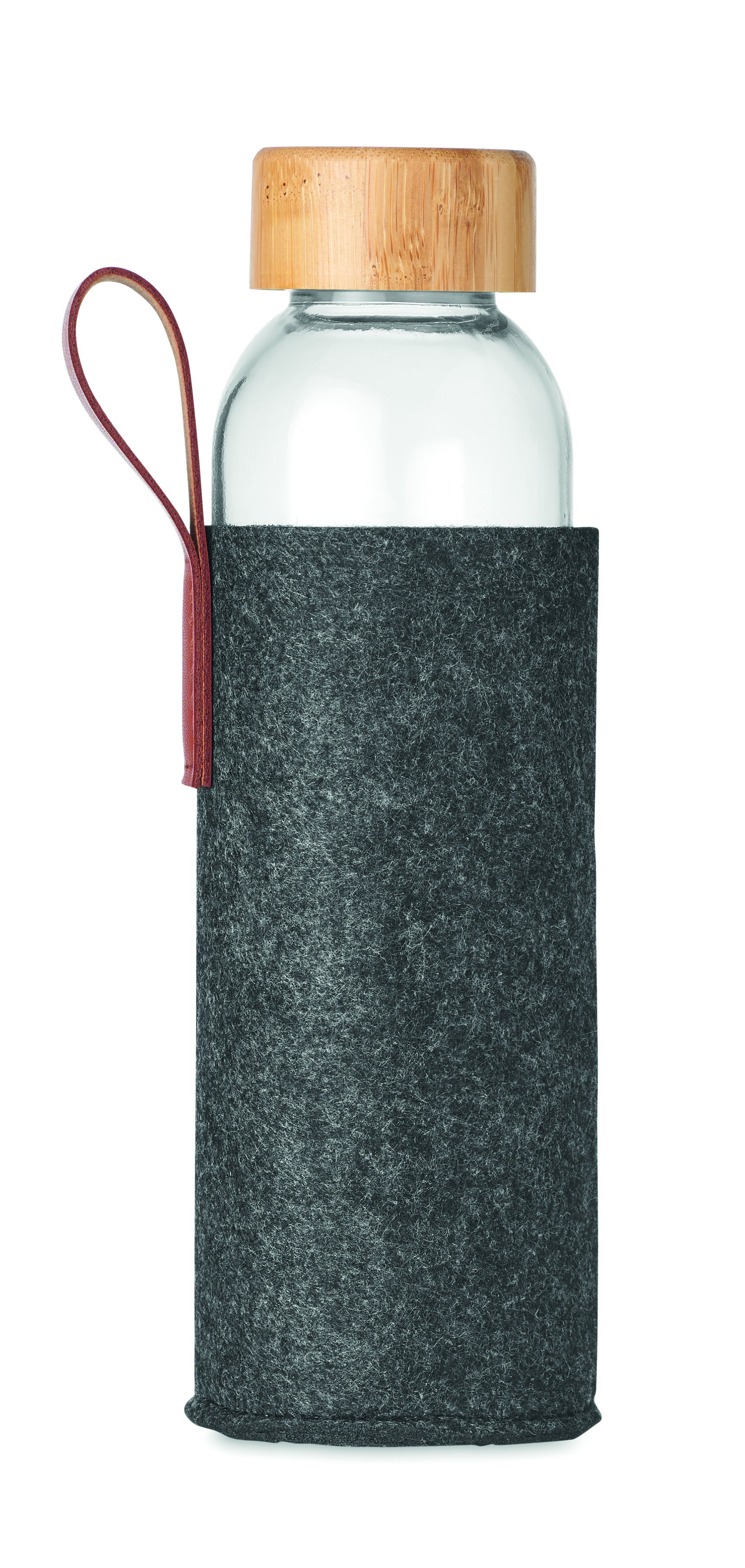 Glasflasche, Korken, Holzdeckel, Filzhülle, Tragelasche