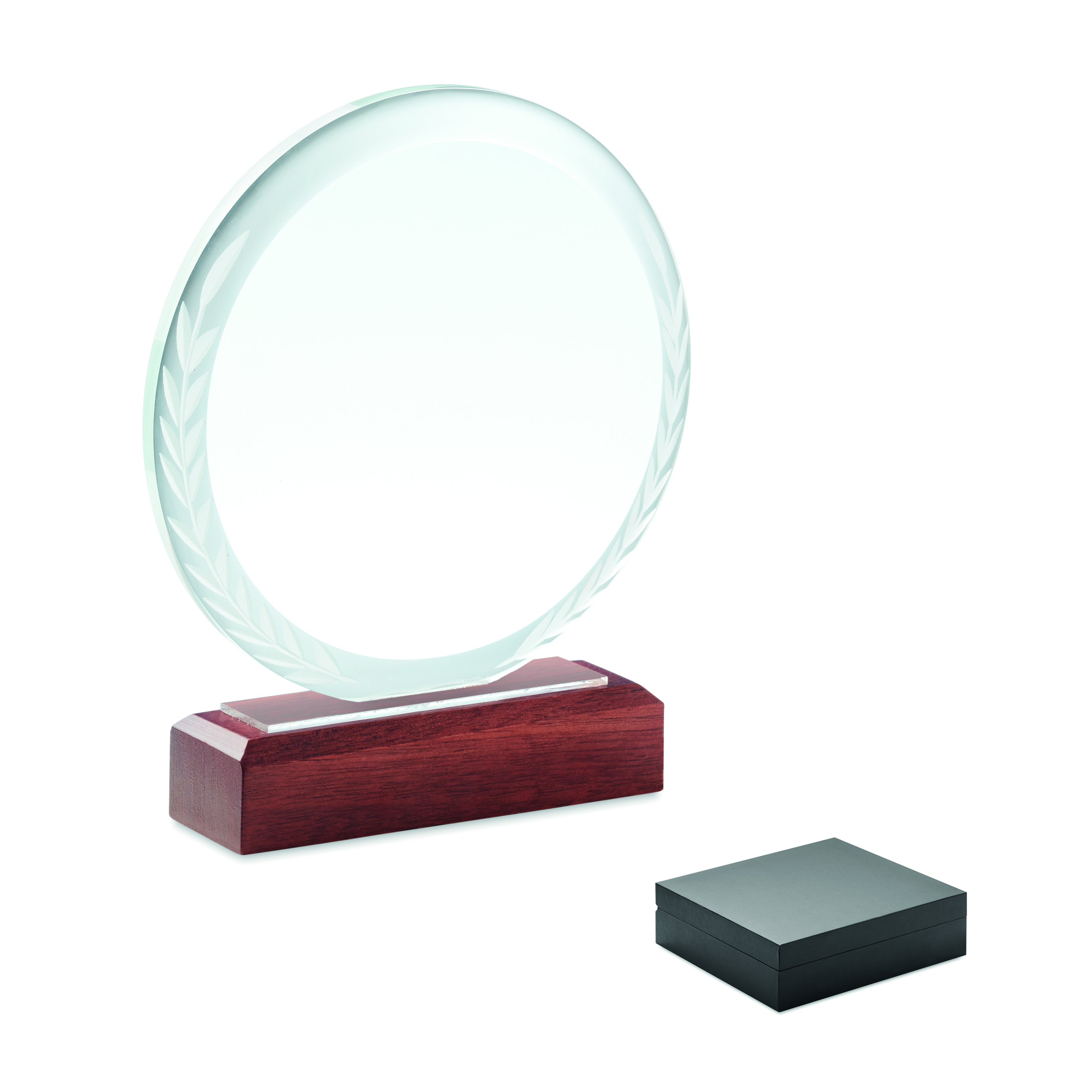 Trophäe, Glasplatte, Rund, Holzfuß, Geschenkbox