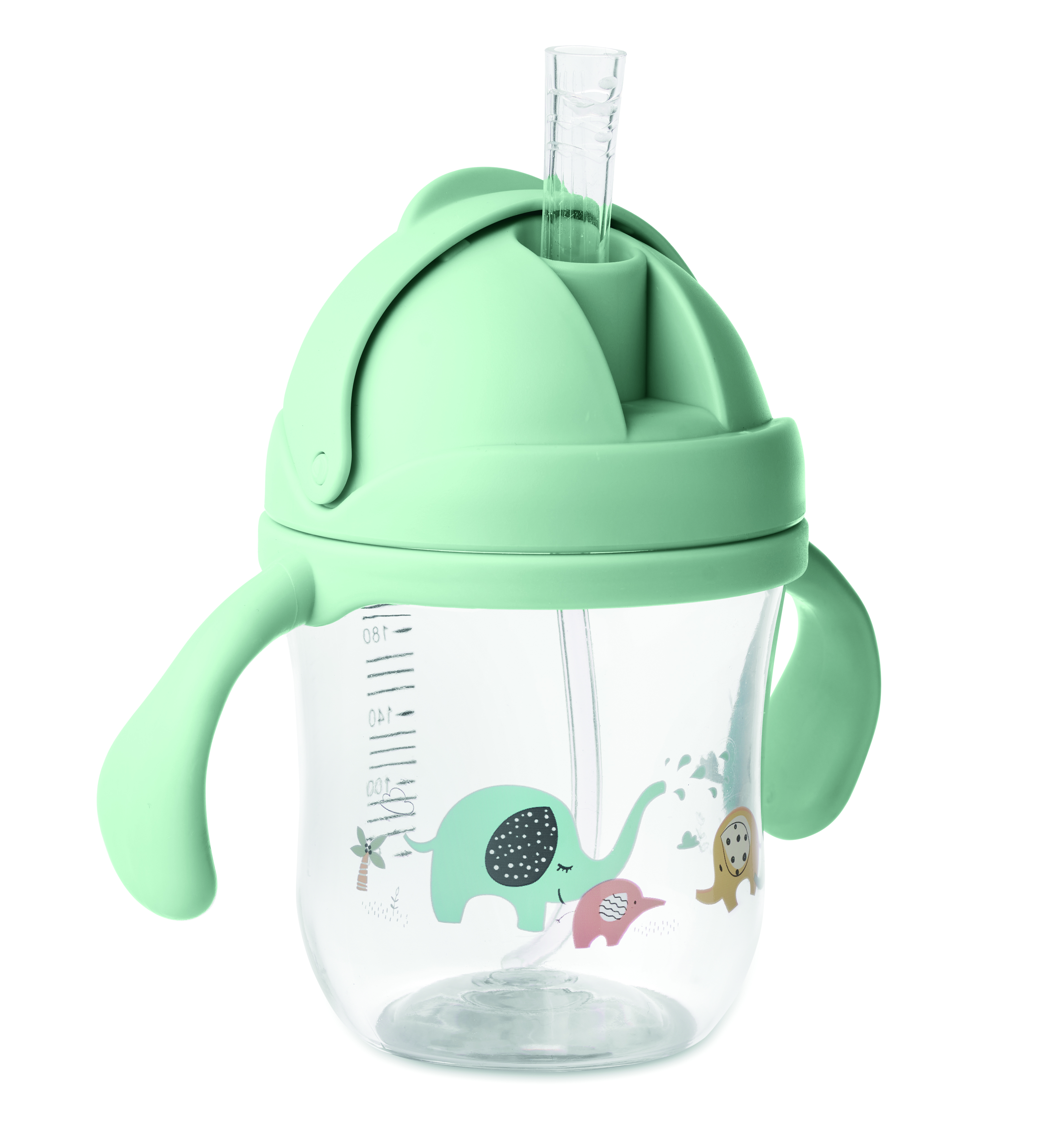 Sippy-Becher, Kinderbecher, Plastikbecher, Grün, Elefanten-Design, Trinkbecher, Sippy-Becher, Kindertrinkbecher, Elefantendesign, grüne Deckel, Sippy-Becher, Grün, Trinkflasche, Elefant Muster, Griffe groß
