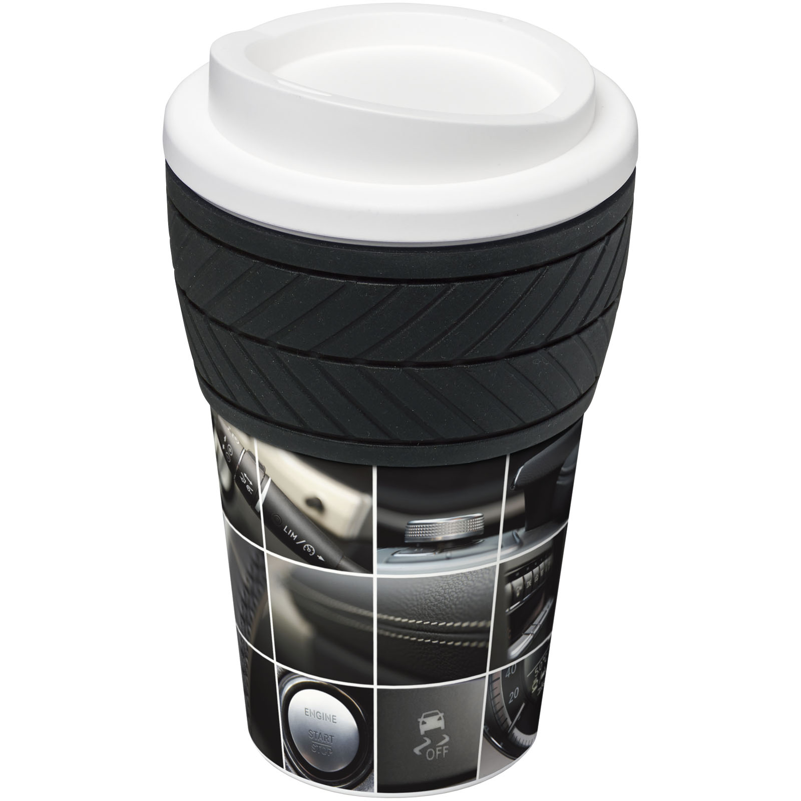 Kaffeebecher, To-Go-Becher, Gummi-Griff, Autotelefontouch, Motivscan, Reisebecher, Kaffeetasse, Reifenmuster, Schwarz/Weiß, Becher mit Deckel, Kaffee-Becher, Reisebecher, Tumbler, Schwarz, Muster-Kunststoff