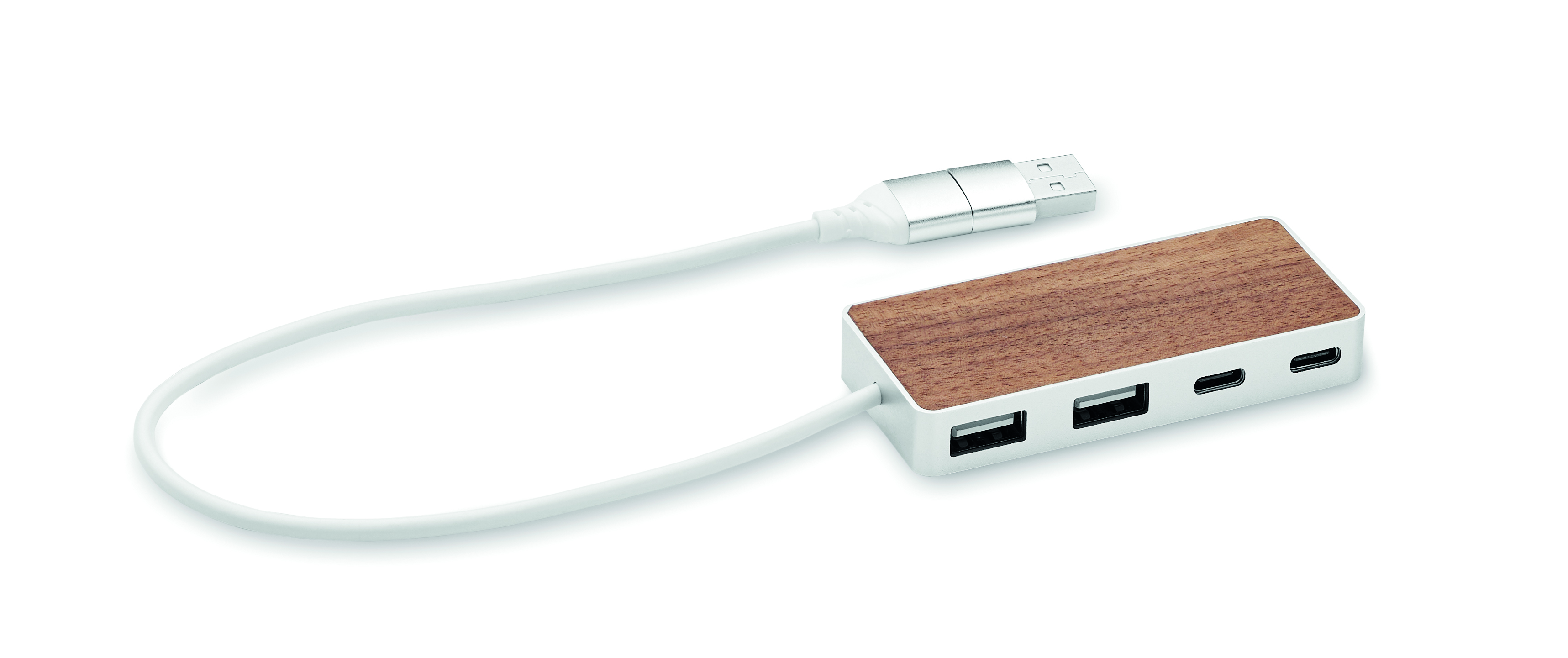 usb hub, 4-port hub, holzoberfläche, silberner body, usb-kabel, USB-Hub, Holzoberfläche, Metallgehäuse, Mehrere Anschlüsse, Weises Kabel, usb-hub, holzoptik, silber, USB, mehrport