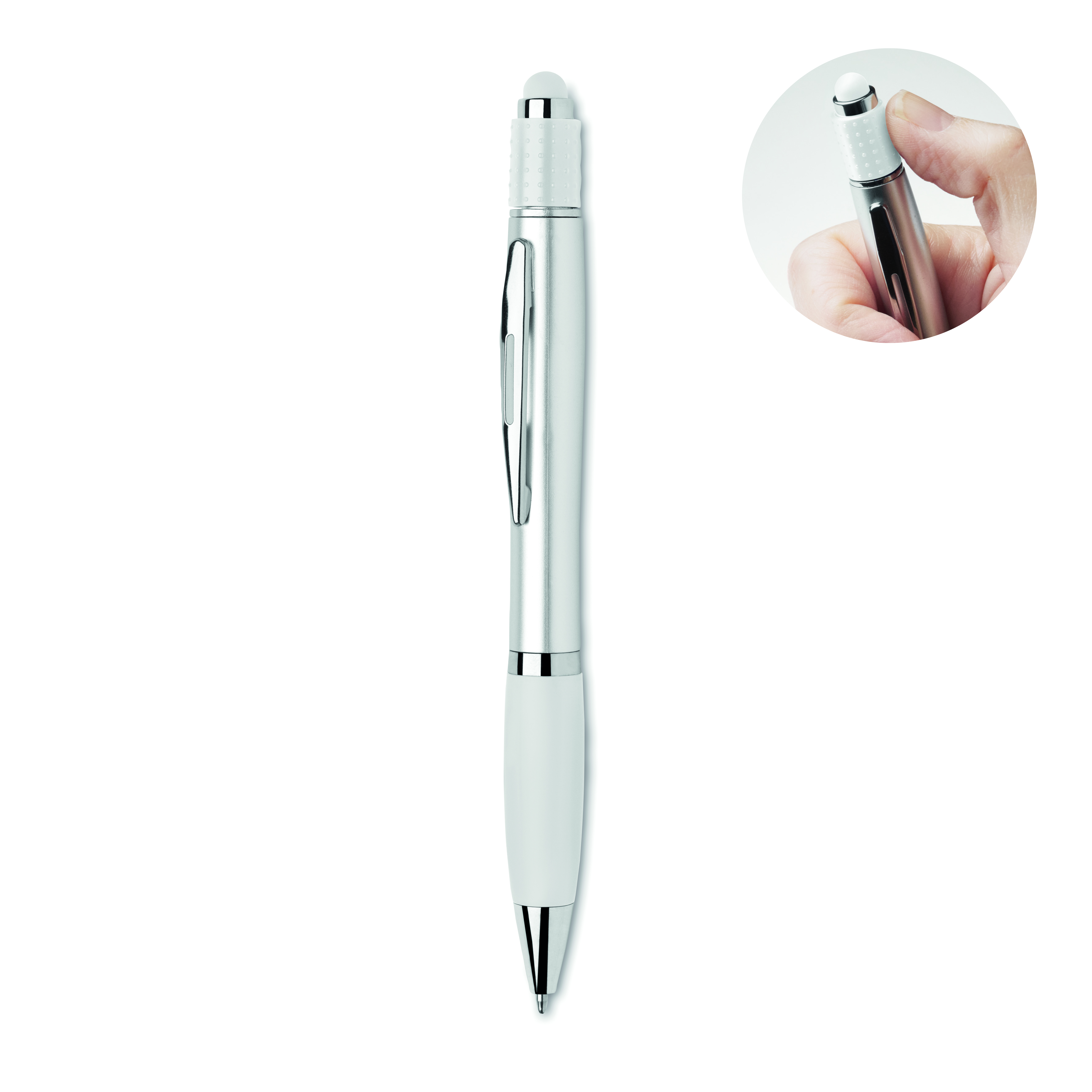 Touchpen, Stylus, Metall, Weiß, Clip, Kugelschreiber, Stift, Metall, Gummigriff, Klickmechanismus, Kugelstift, Drehkugelschreiber, Metallkörper, Gleiter, Geknöpfter Radierknopf