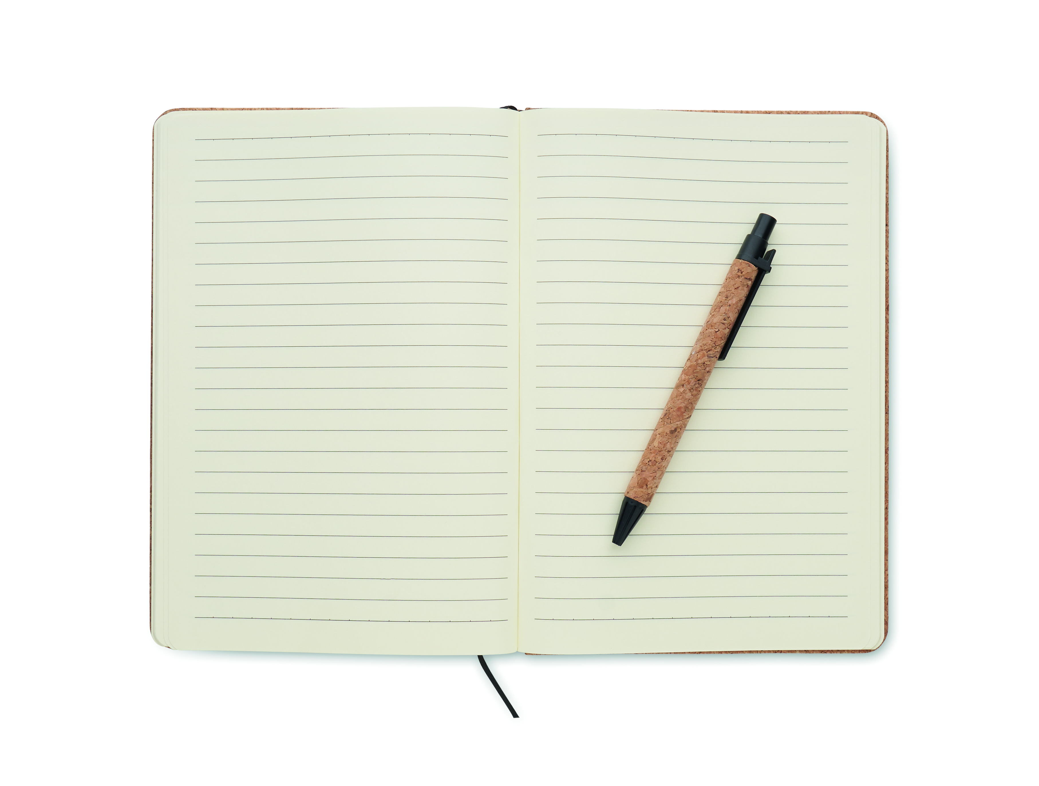 Notizbuch, Spiralbindung, Linierte Seiten, Korkstifthalter, Notizheft, Notebook, Lineierte Seiten, Offenes Buch, Kugelschreiber, Korkstift, notebook, journal, lined pages, open notebook, Bleistift mit Korkgriff