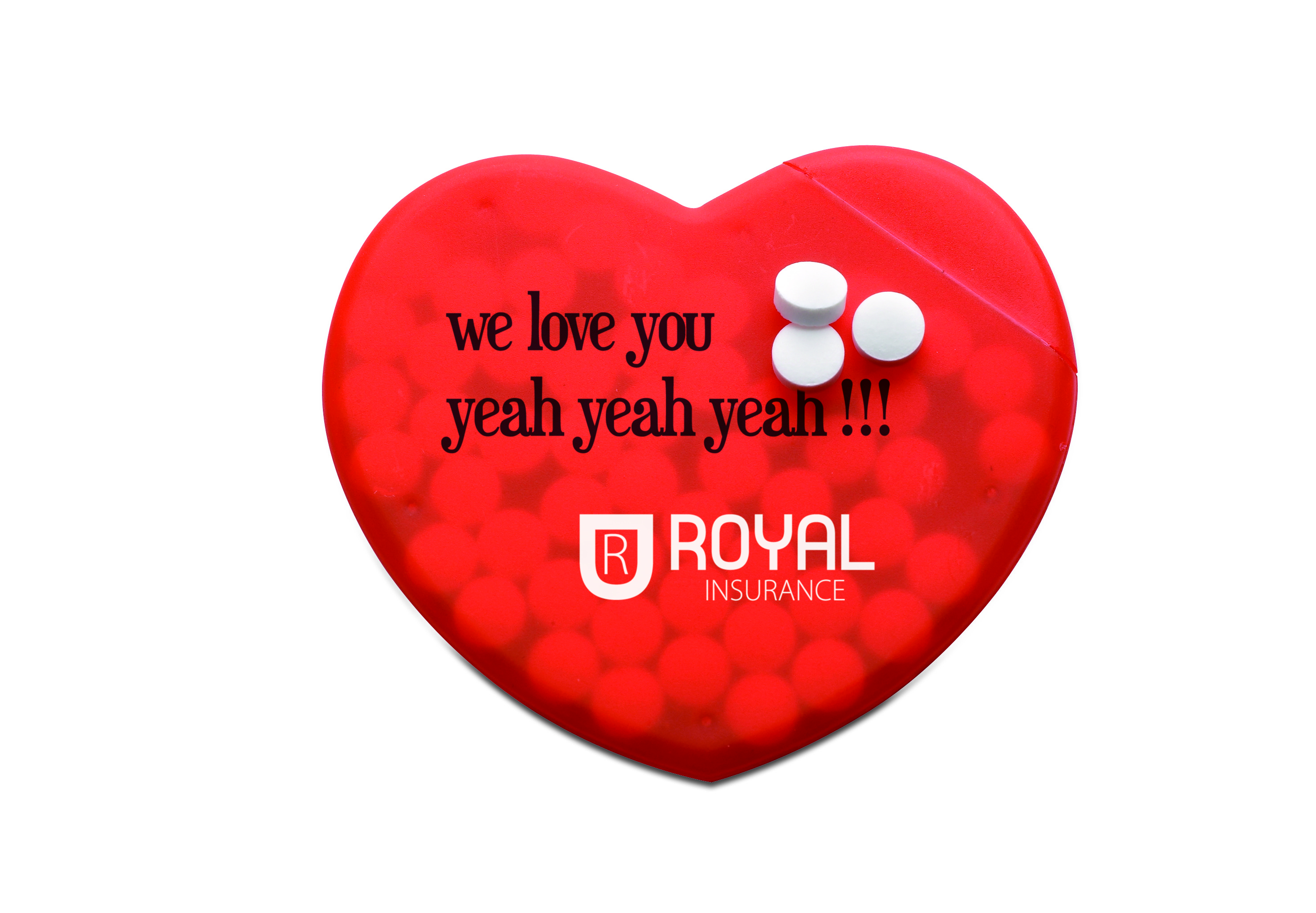 herzformige dose, rot, kaugummi/bonbon-gehäuse, herzformige verpackung, versicherungswerbung