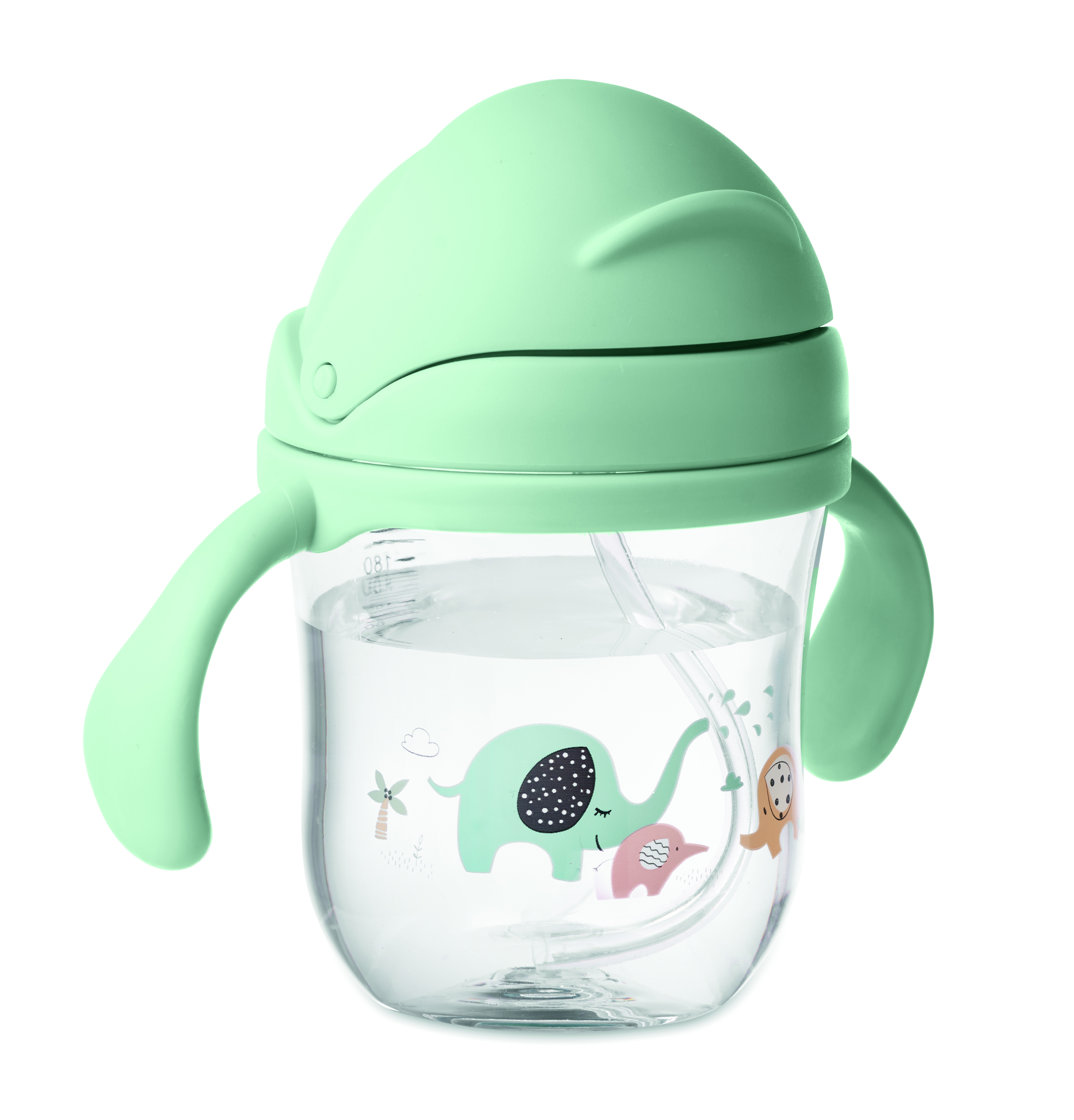 Kindertrinkflasche, Trinkhilfe, Silikondeckel, Grün, Tiermotiv, Trinkbecher, Sippy-Cfe, Elefantendesign, Grün, Trinkglas, Sippy-Glass, Baby-Trinkbecher, Mit-Griffen, Elefant-Motiv, Grün