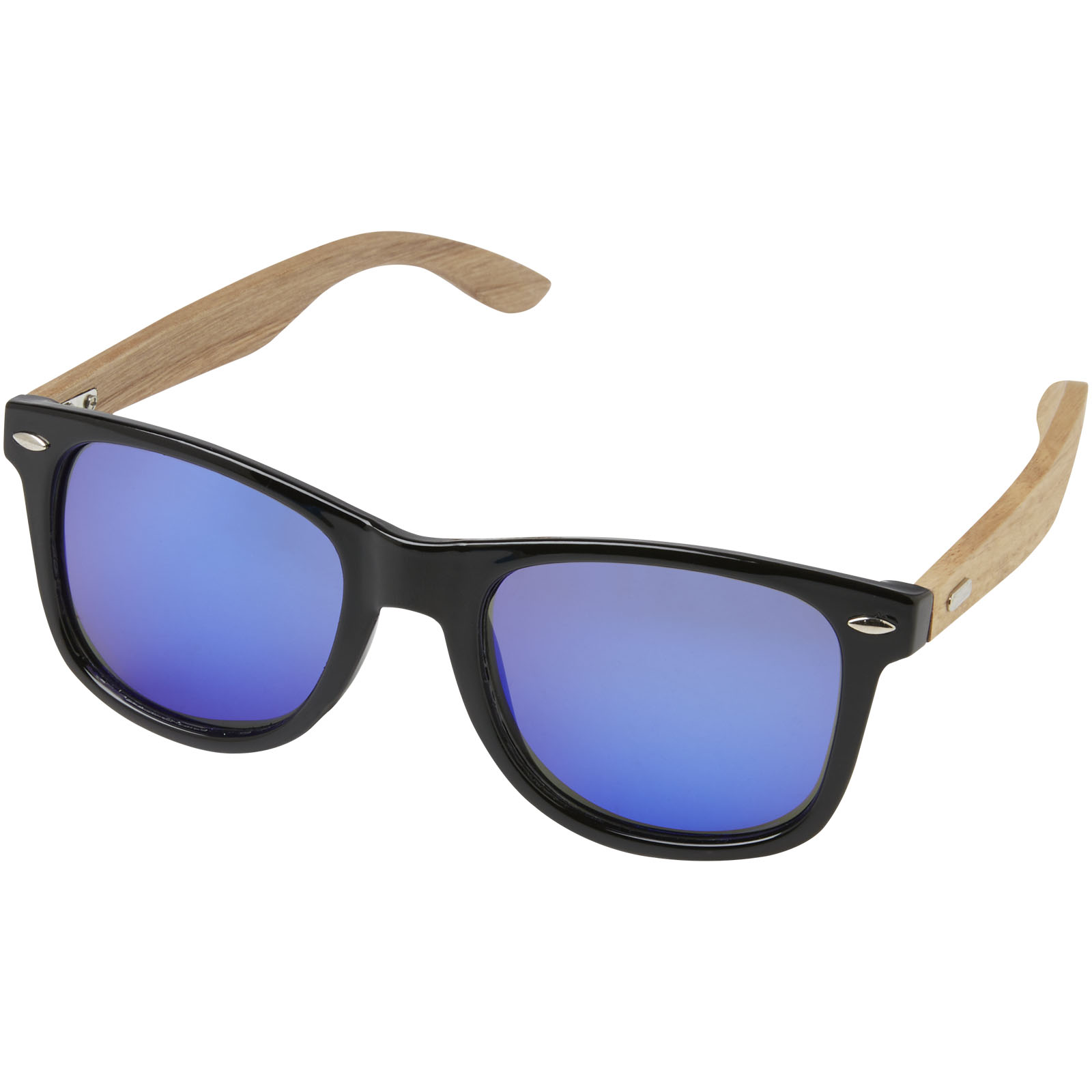 Sonnenbrille, Holzrahmen Sonnenbrille, Schwarz Rahmen, Blaue Spiegelgläser, Kunststoffrahmen