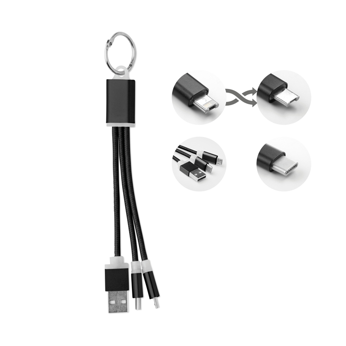USB-C-Kabel, Multi-Connector, Schlüsselanhänger-Kabel, Gewebtes Kabel, USB-A zu USB-C, USB-C Kabel, Ladekabel, Mehrfachkabel, Kappendesign, Schwarz